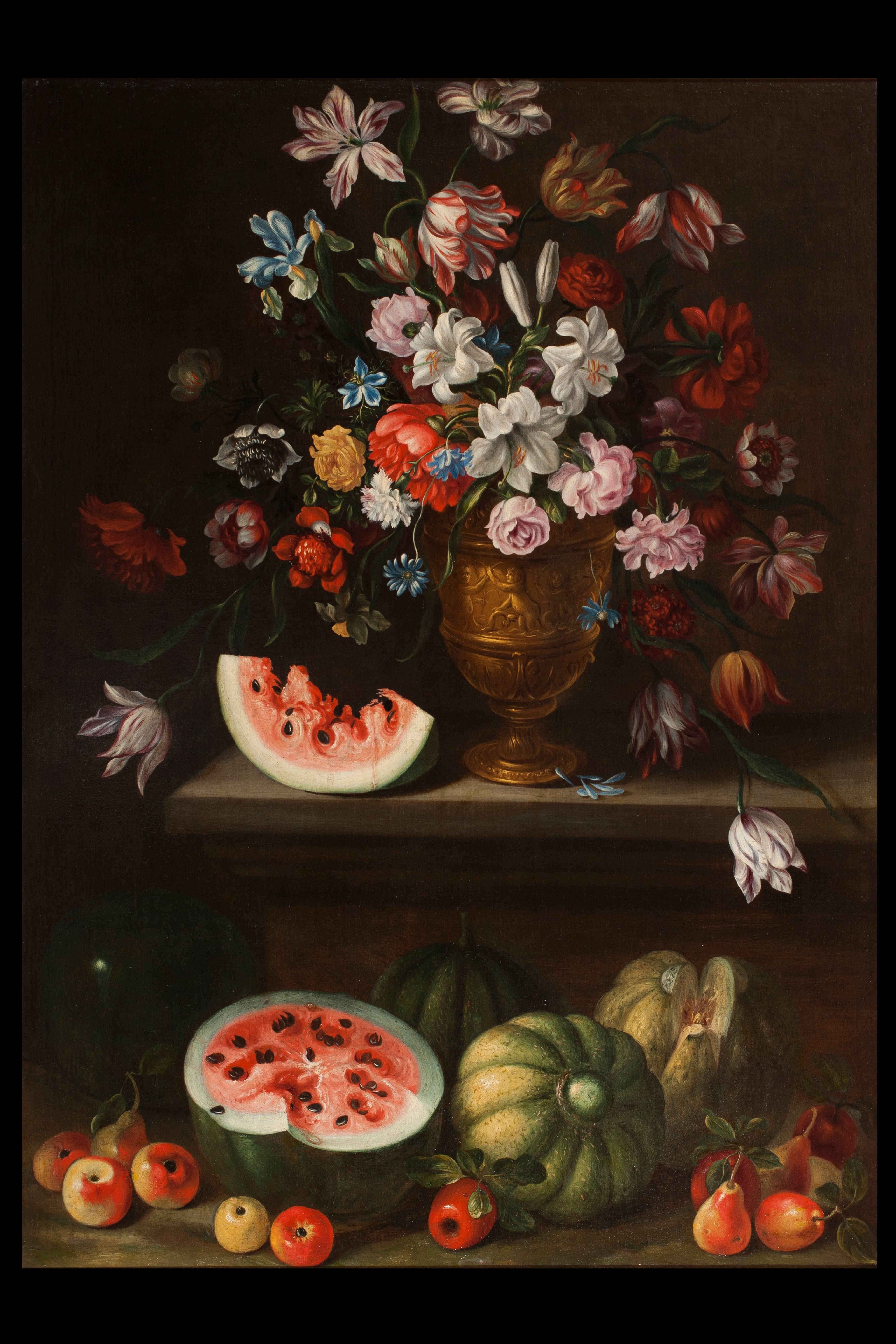 Giovanni Stanchi called Dei Fiori
(Rome, 1608 - ibi, 1674)

“Still life with fruits and flowers”
pair of painting, oil on canvas, cm 129 x 92.5

This great still lives were painted by Giovanni Stanchi, one of the major exponent of the Roman