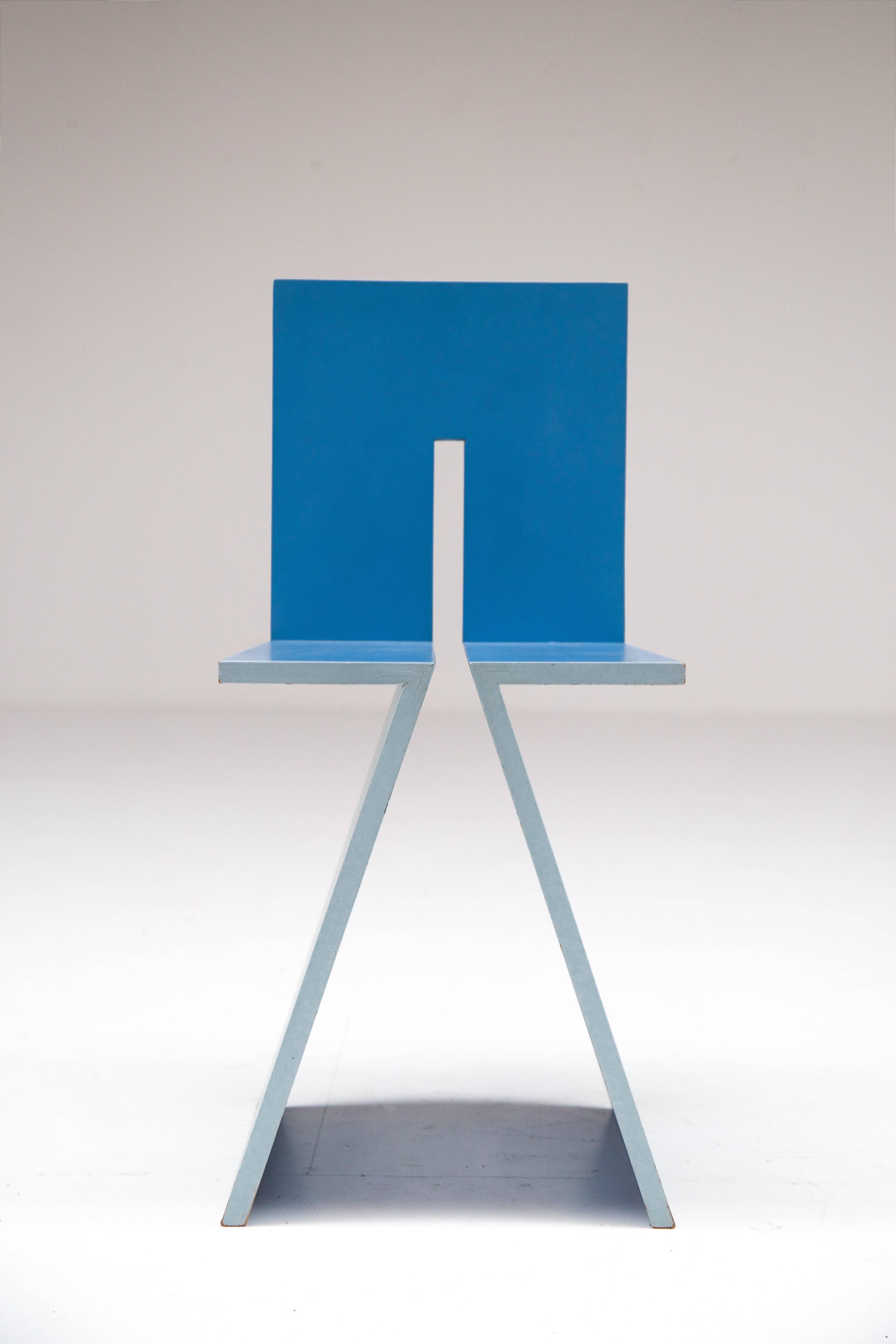 Van Schijndel's interpretation of the famous chair by Rietveld, a transpositioned 'Zig Zag', executed in wood in 1982.

Few examples were made.
Mart Van Schijndel (1943-1999) was an important Dutch architect.
  