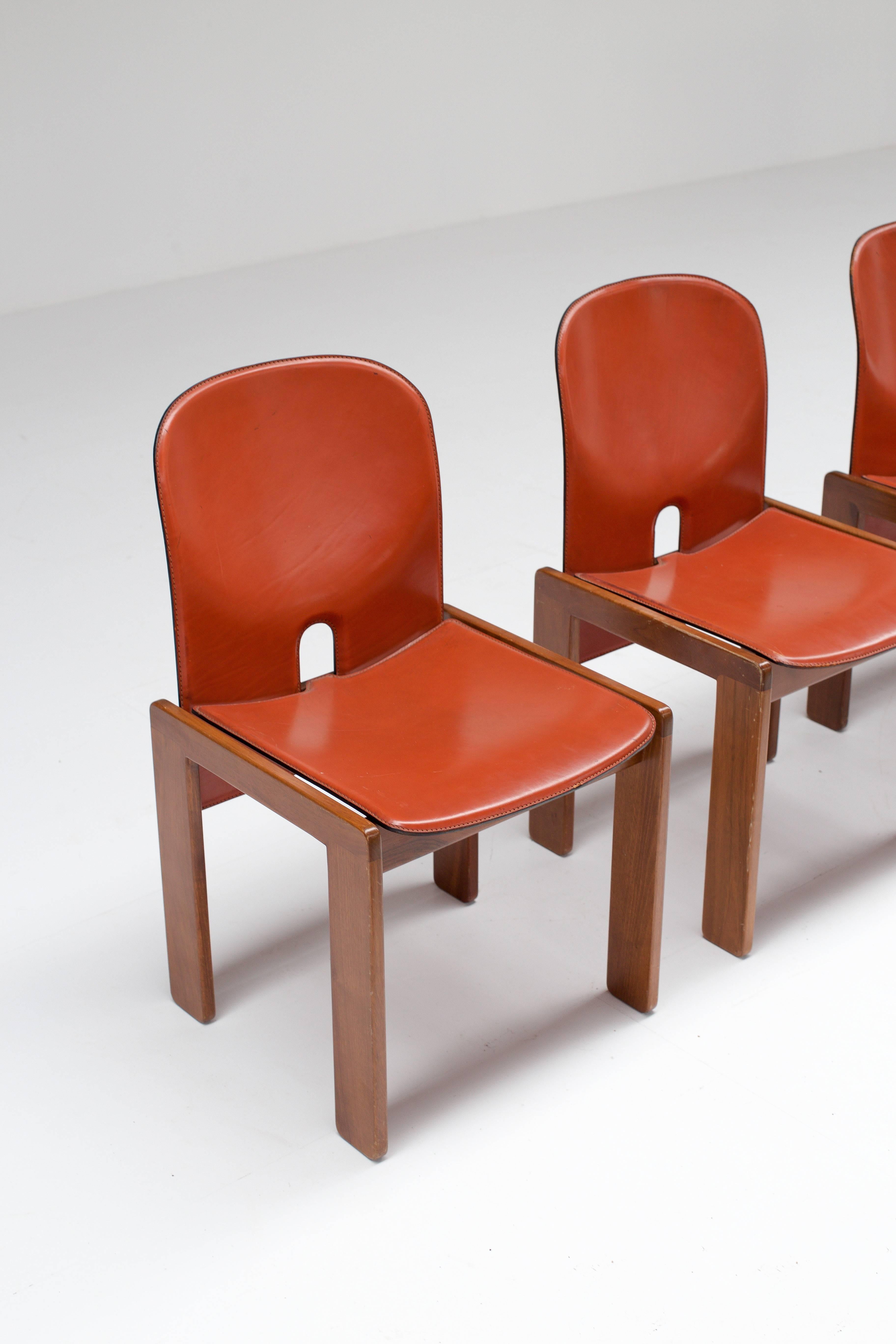 Italian Four Cognac Leather Chairs by Tobia & Afra Scarpa for Cassina