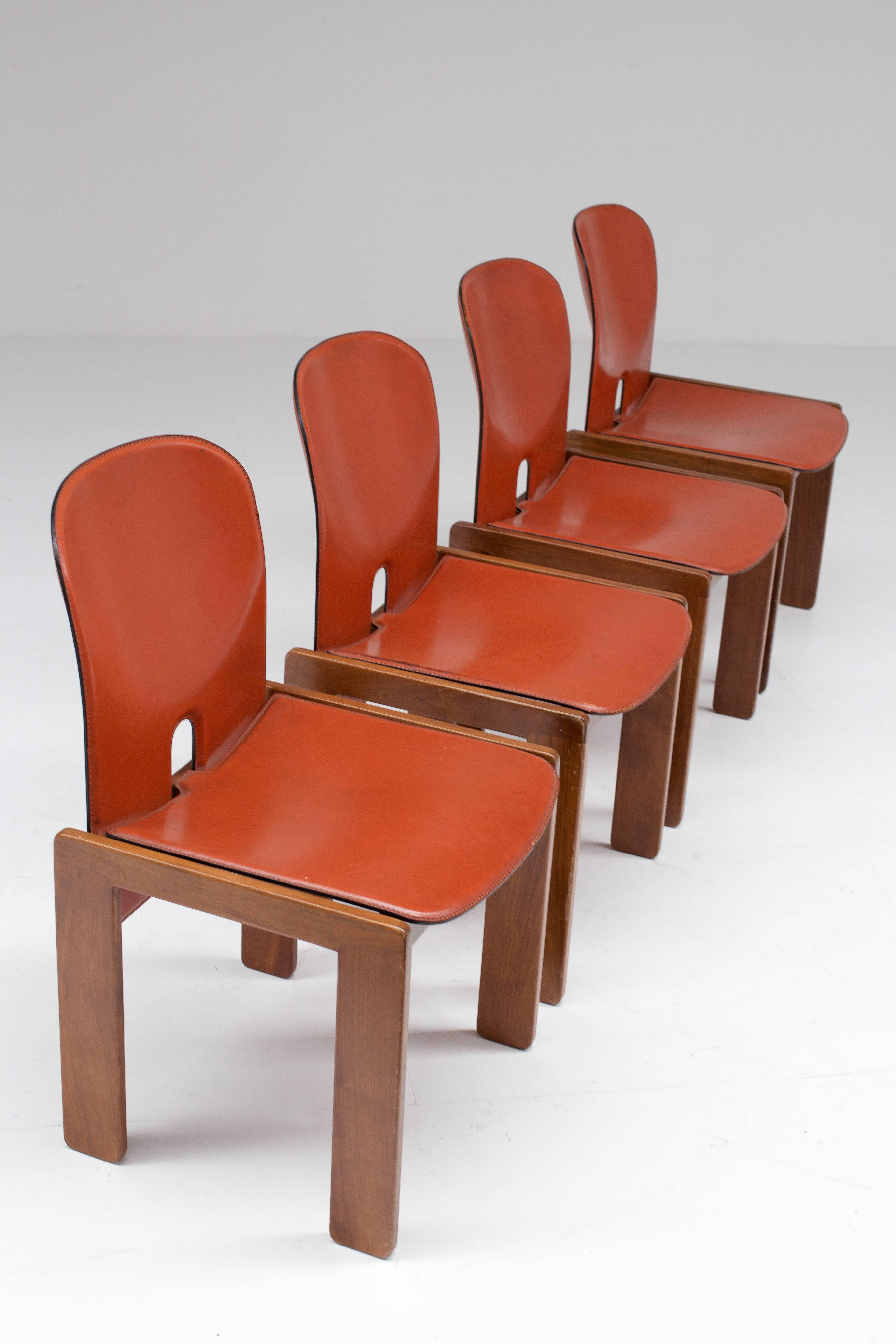 Mid-20th Century Four Cognac Leather Chairs by Tobia & Afra Scarpa for Cassina