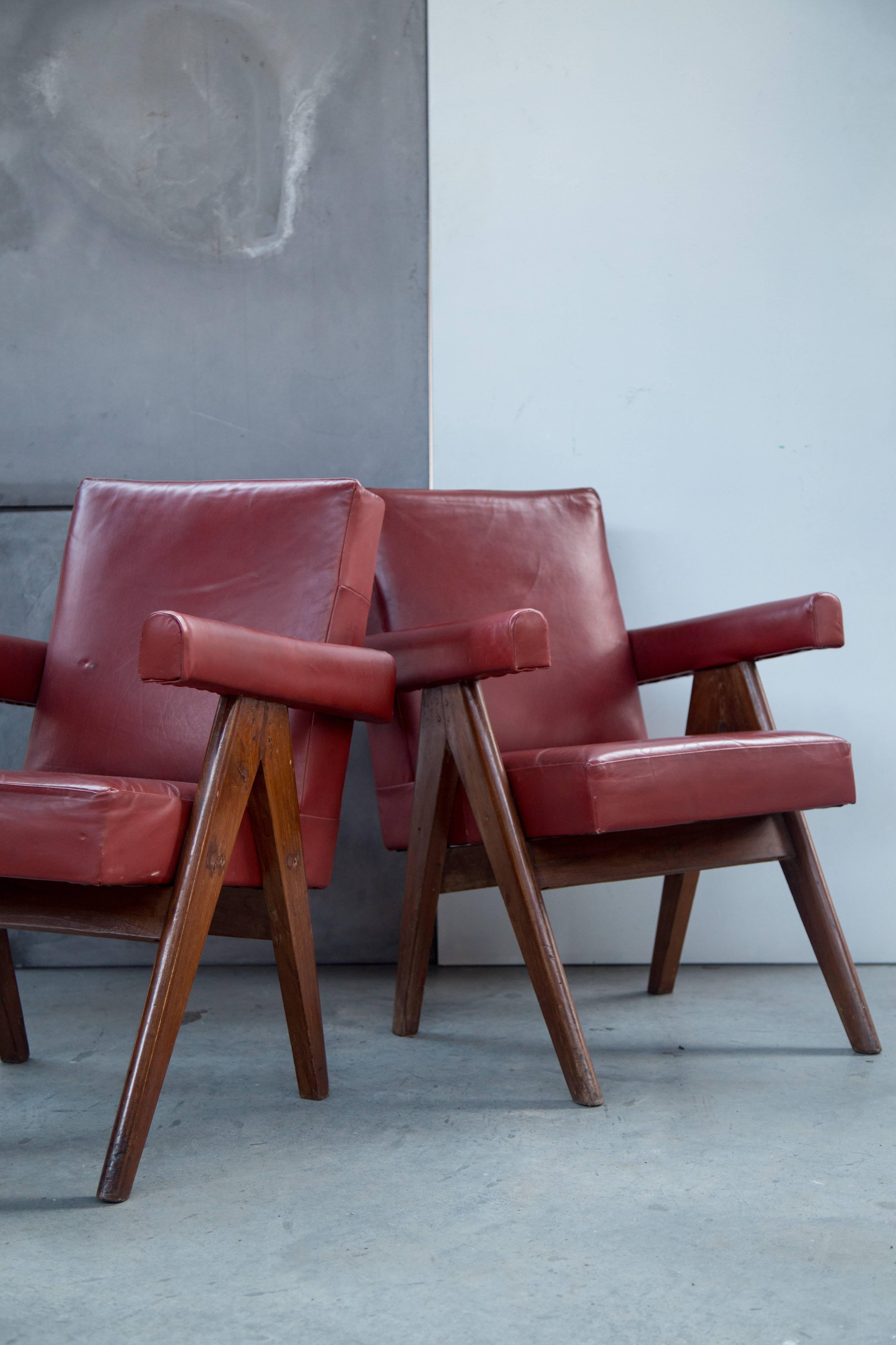 Faux Leather Pair of Pierre Jeanneret Chairs For Sale