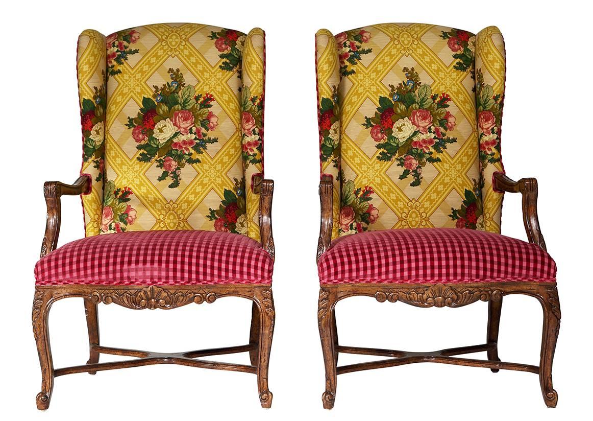 Pair of custom host and hostess armchairs by Fremarc in a stunning Pierre Frey fabric.