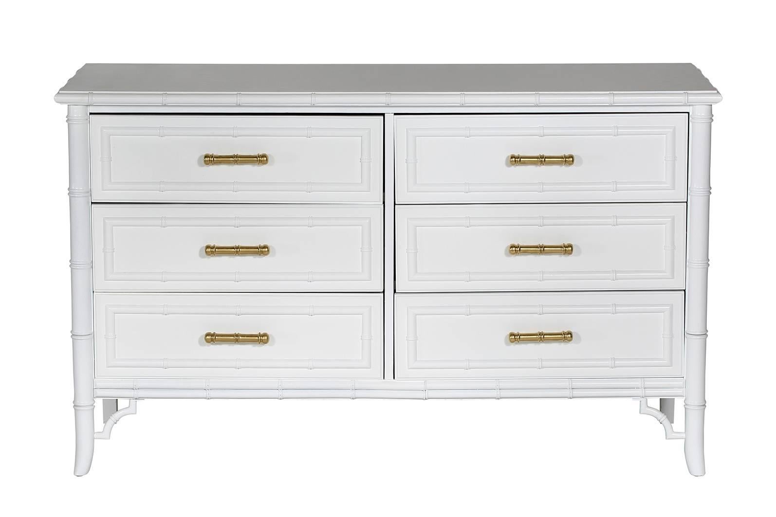 Vintage faux-bamboo dresser newly lacquered in white with six drawers and brass hardware.