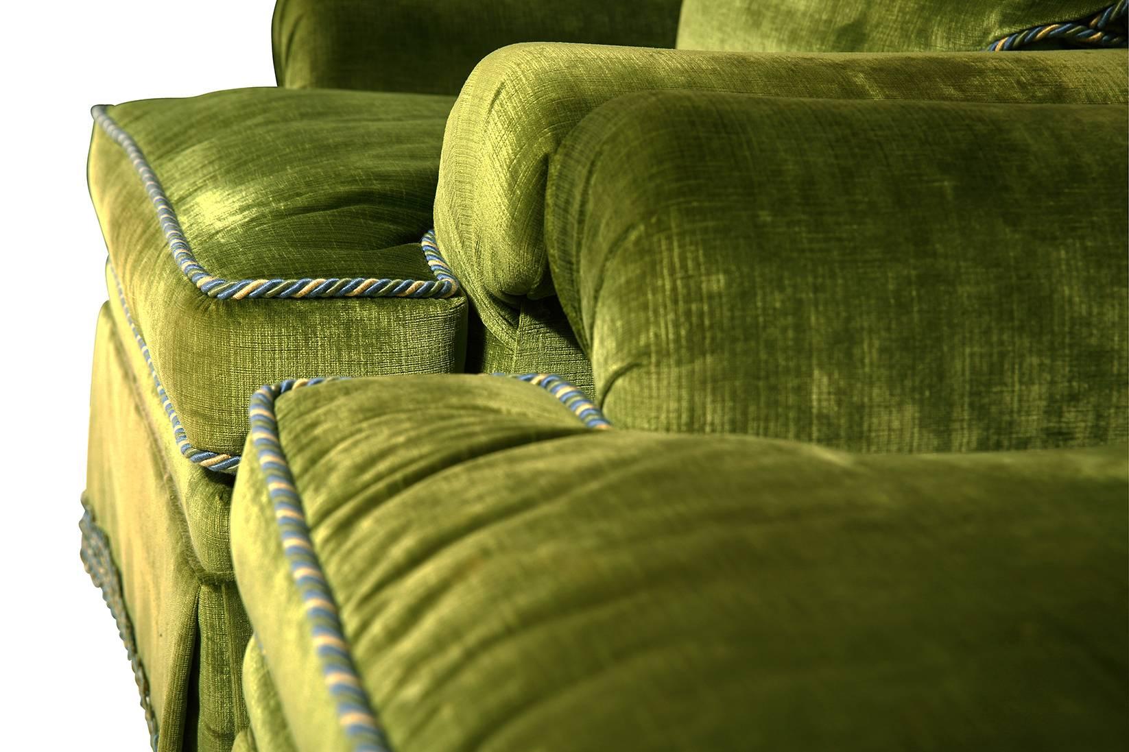 Scalamandre Green Velvet Armchairs, Pair In Good Condition In Cincinnati, OH
