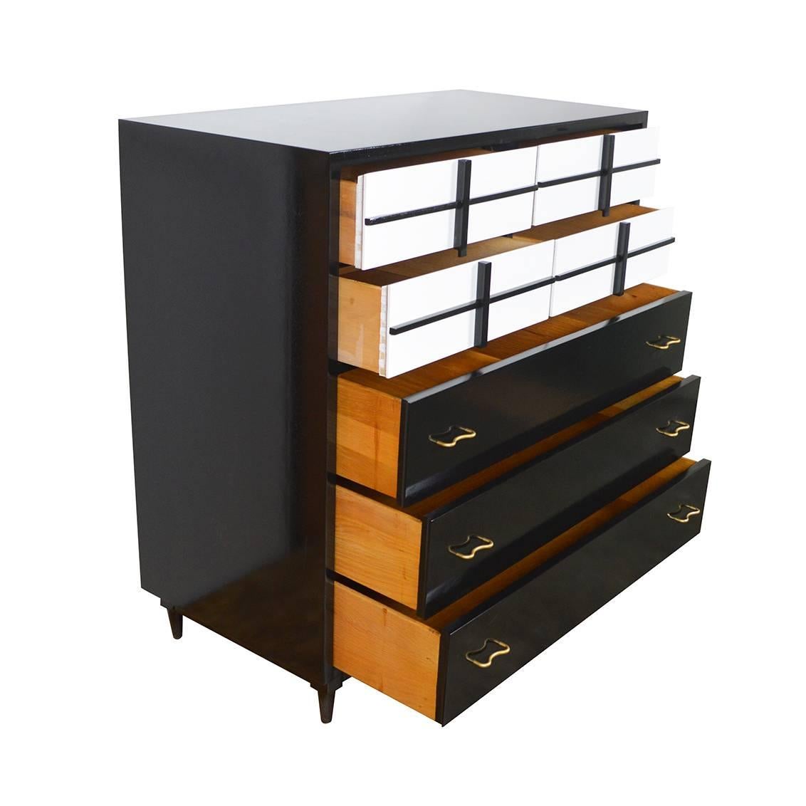 Vintage American of Martinsville tall Midcentury dresser newly lacquered in black and white. The top has four small drawers and bottom has 3 large drawers.