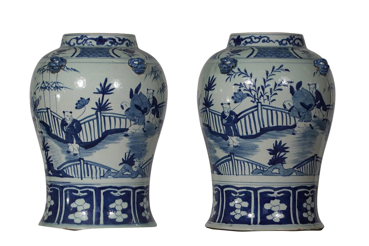20th Century Blue and White Foo Dog Ginger Jars, Pair