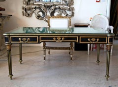 Large Antique Napoleon III Writing Desk, Ebonized Wood & Brass, France, 1860