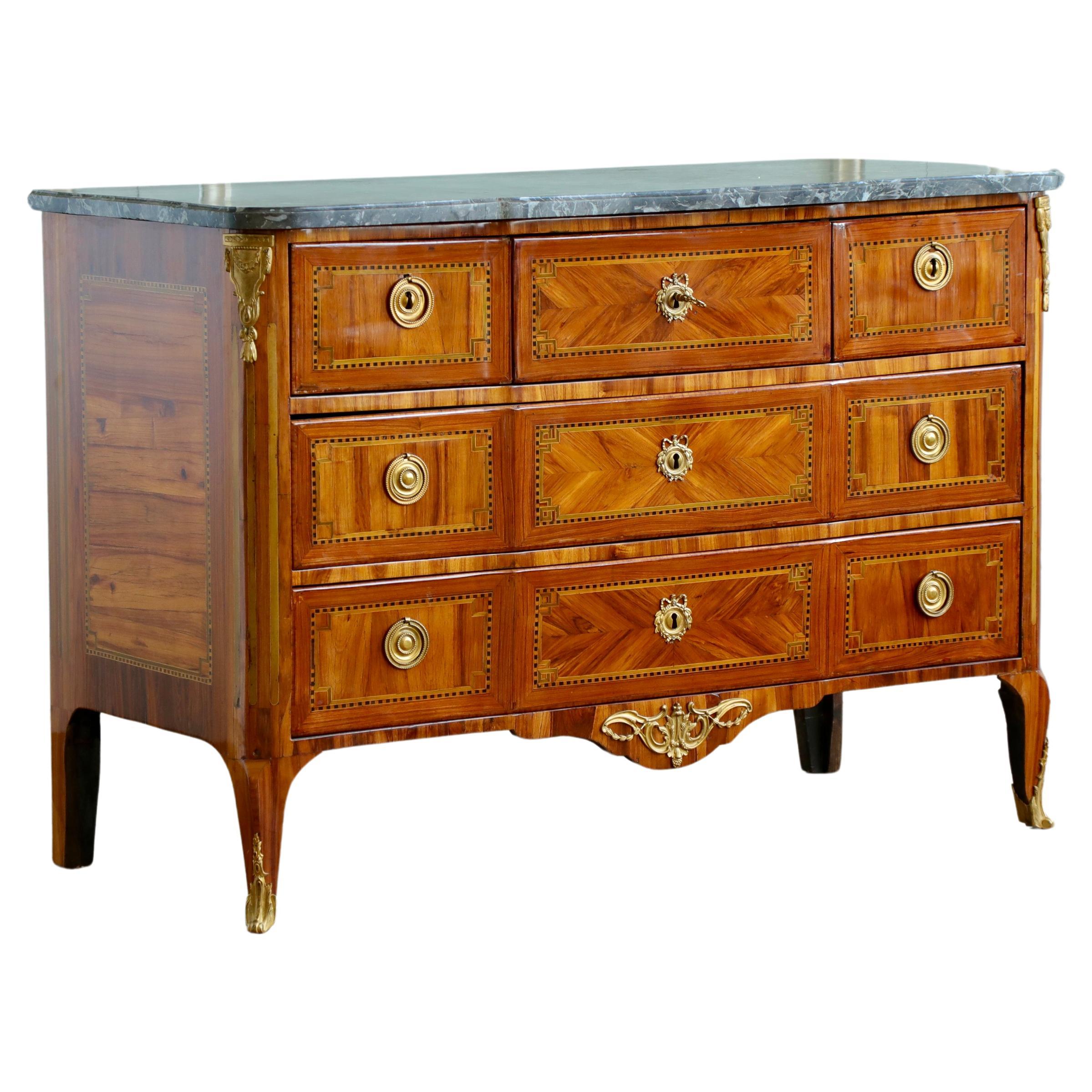 18th Century Marquetry commode with Sainte-Anne Grey Marble, Stamped by L.Aubry For Sale