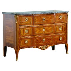Antique 18th Century Marquetry commode with Sainte-Anne Grey Marble, Stamped by L.Aubry