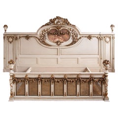 Large Neo-Classical Solid Oak Bed painted with Gilt Work & Cherubs, France, 1880