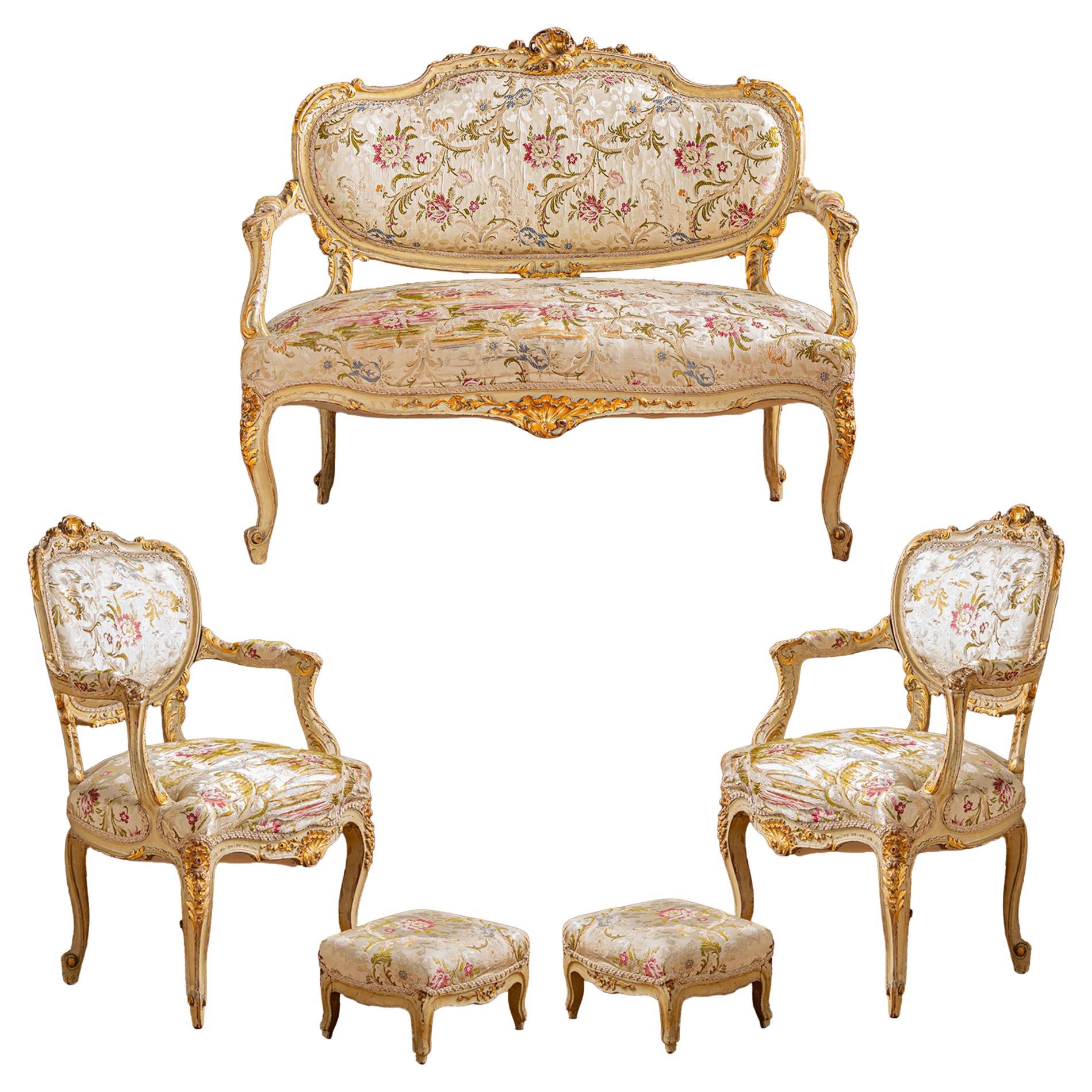 Suite de salón italiana del siglo XIX en madera dorada estilo Luis XV