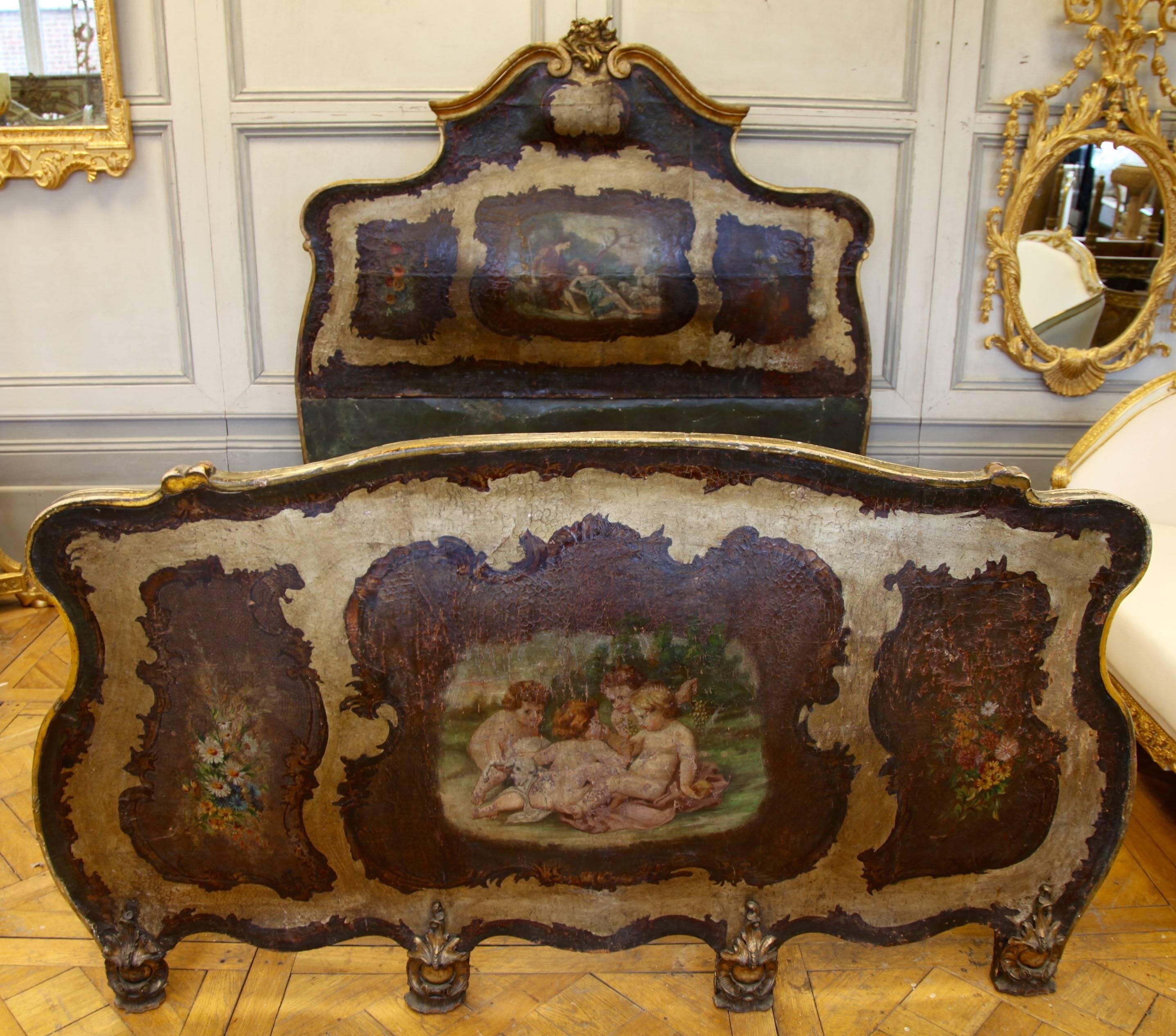 19th century Venetian bed. A rare find. Bombe shaped footboard. Painted and gilded on leather depicting cherubs and a romantic scene. Large mattress size.