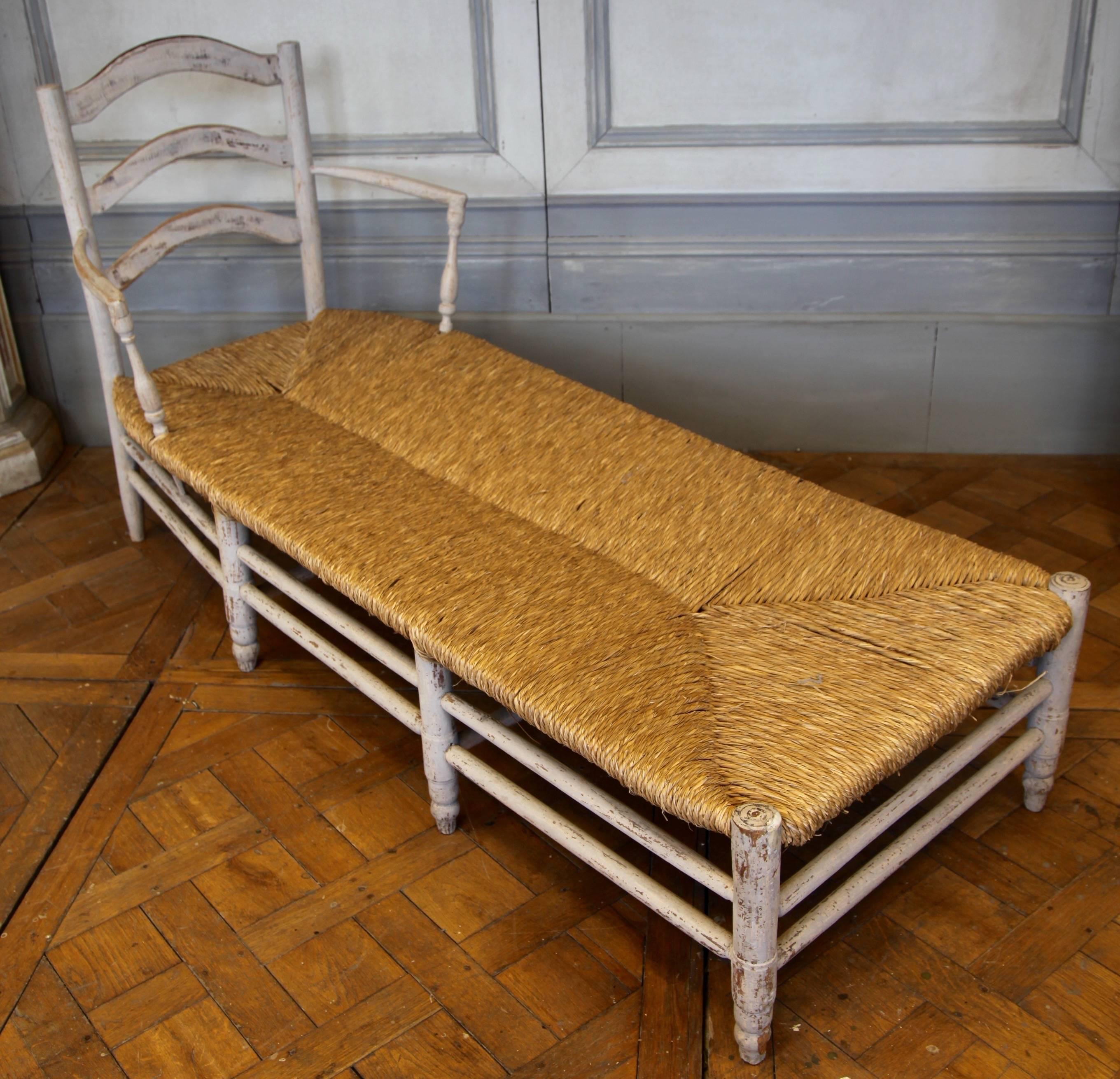 19th century French provencale bench. Charming rustic piece with original paintwork in French grey, age distressed.