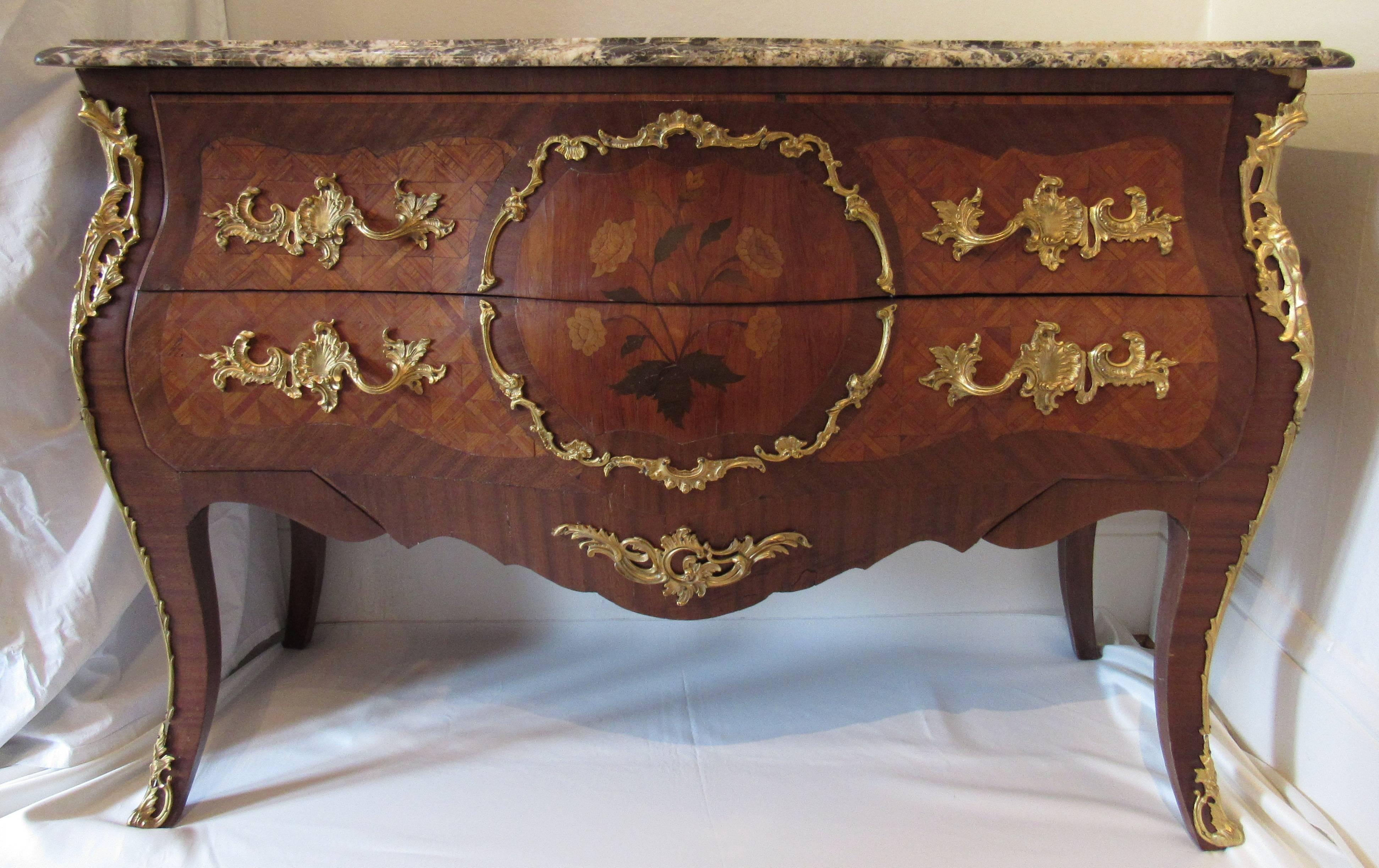 Mid-19th Century French Marquetry and Ormolu Two-Drawer Chest Marble Top For Sale 1