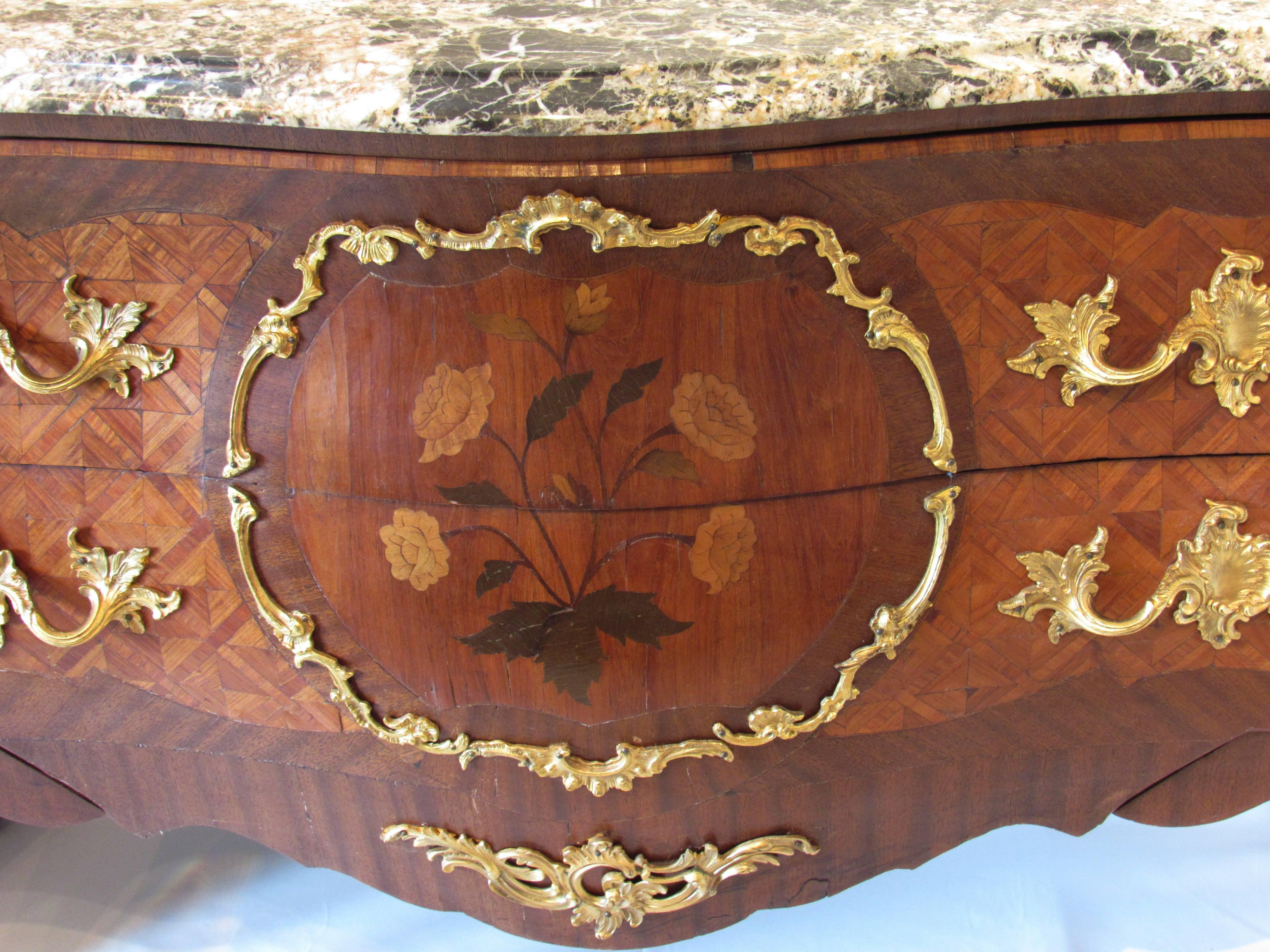 Mid-19th Century French Marquetry and Ormolu Two-Drawer Chest Marble Top For Sale 3