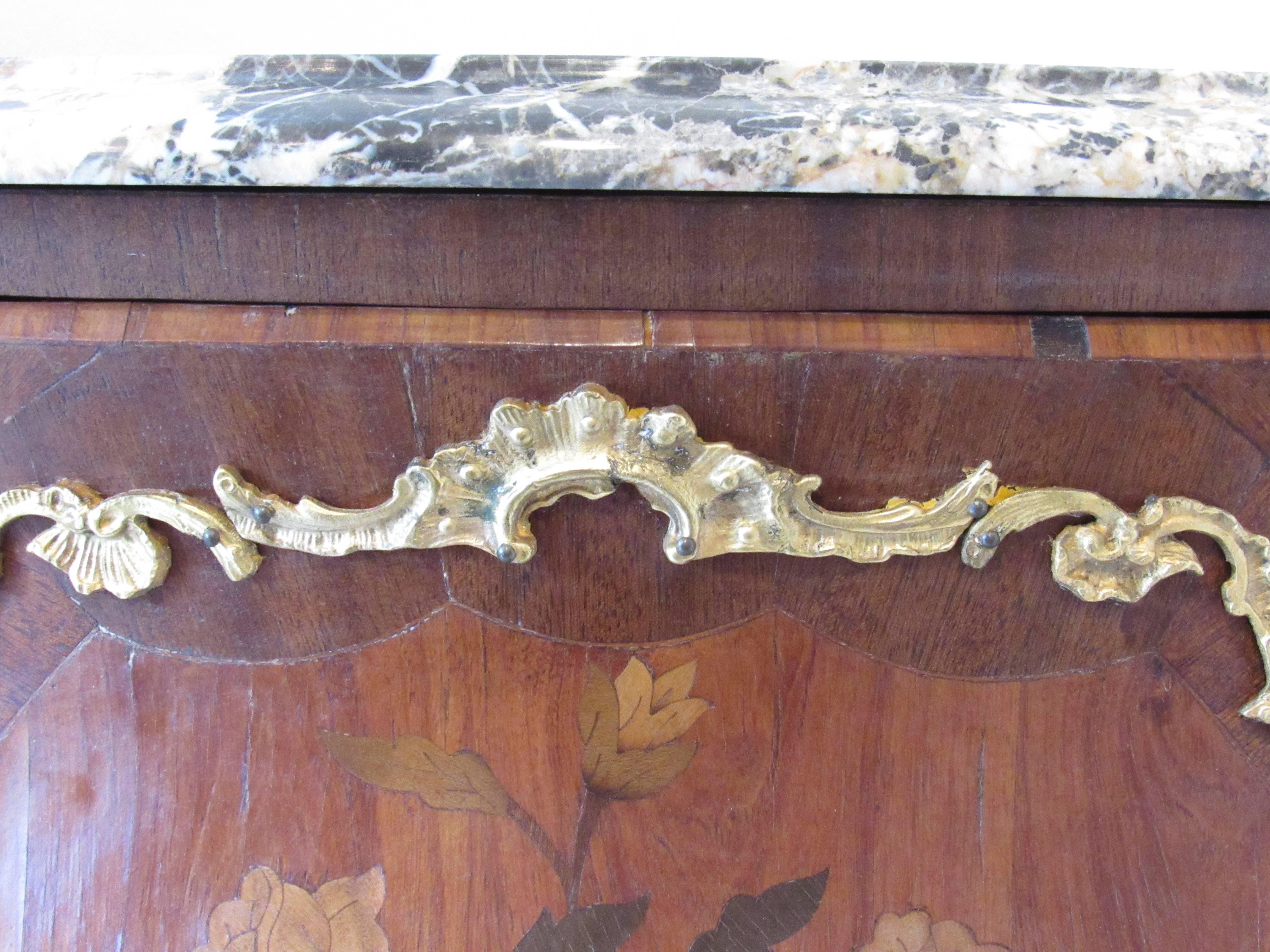 Mid-19th Century French Marquetry and Ormolu Two-Drawer Chest Marble Top For Sale 4