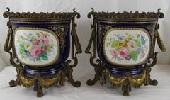 Pair of Enamel on Copper Jardinières in Bronze Doré, European 19th Century