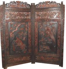 Japanese Two-Panel Screen, Carved Hardwood, Meiji Period, Late 19th Century