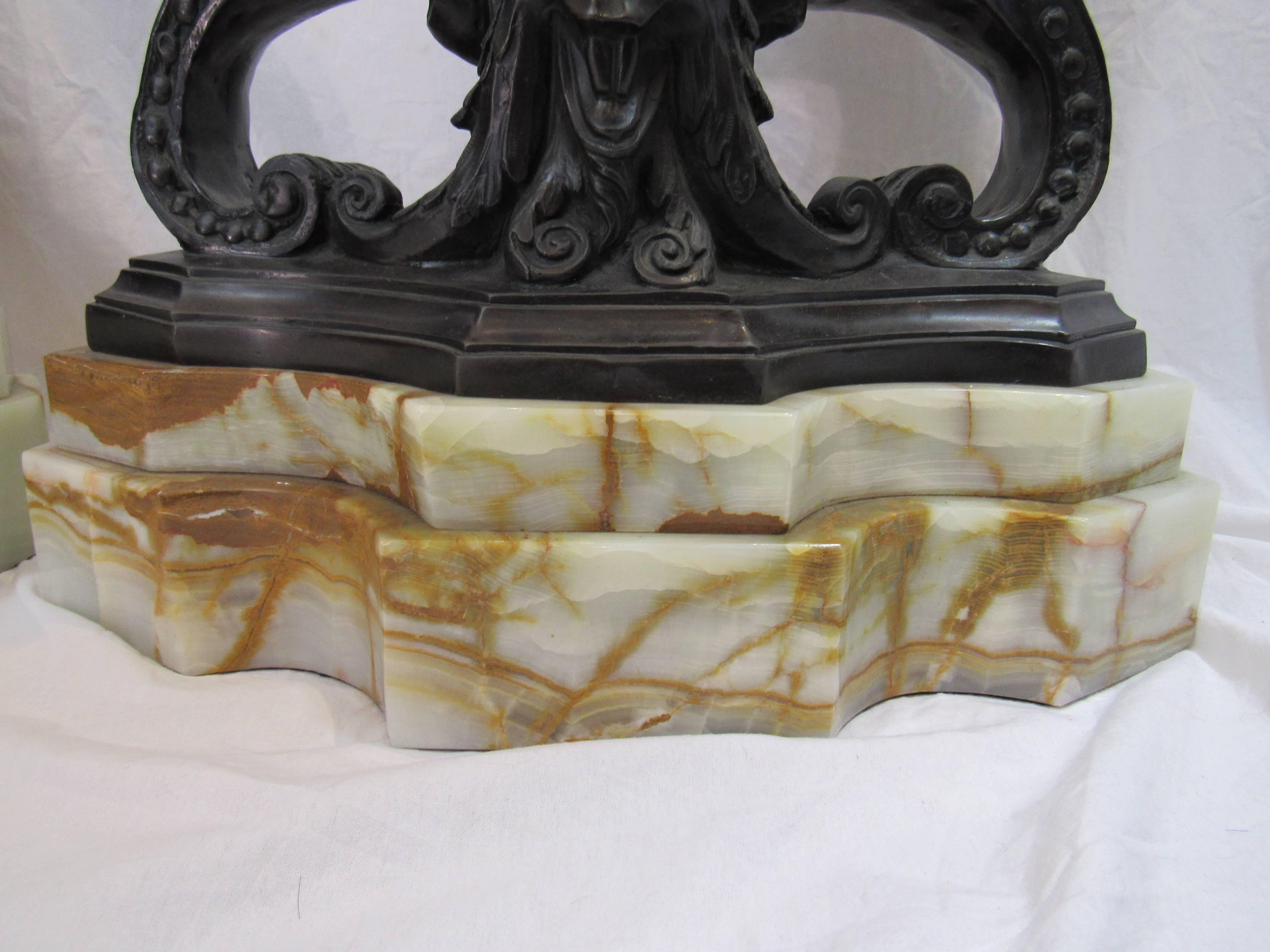 Monumental Fireplace Chenets, Bronze on Green Onyx Bases, 19th Century In Good Condition For Sale In Seattle, WA
