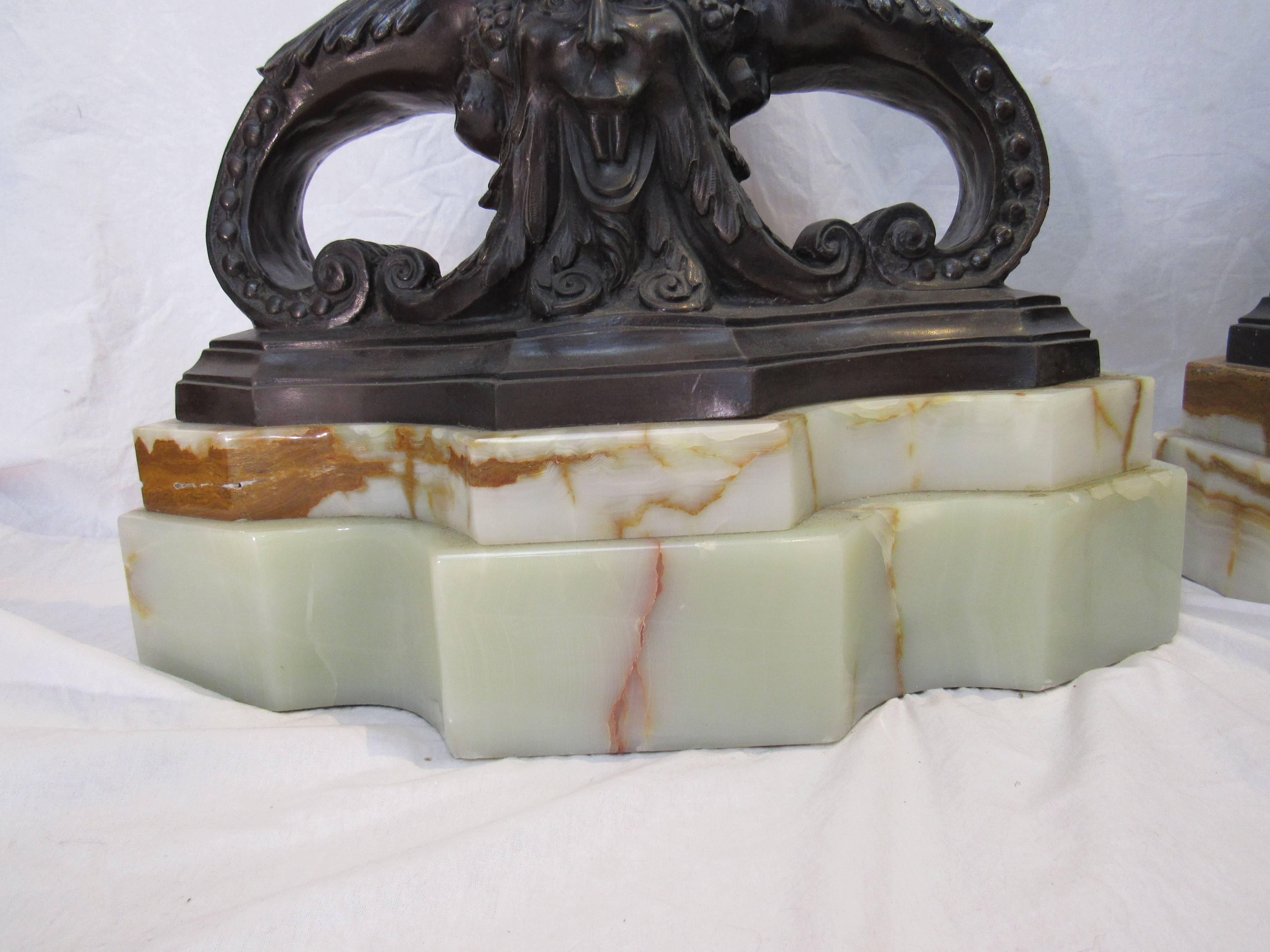 Monumental Fireplace Chenets, Bronze on Green Onyx Bases, 19th Century For Sale 2