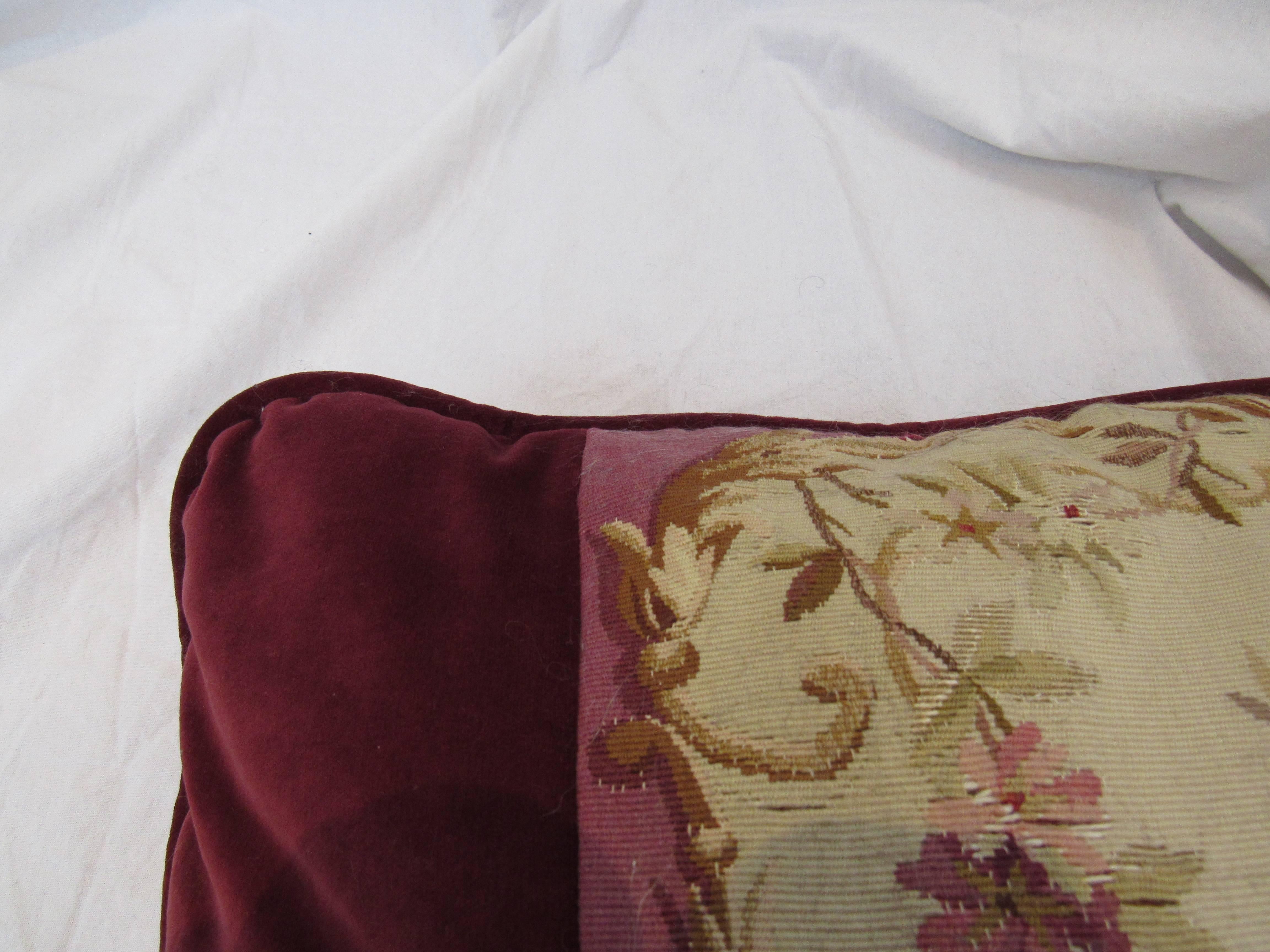 Two French Aubusson Tapestry and Burgundy Velvet Pillows 19th Century For Sale 1