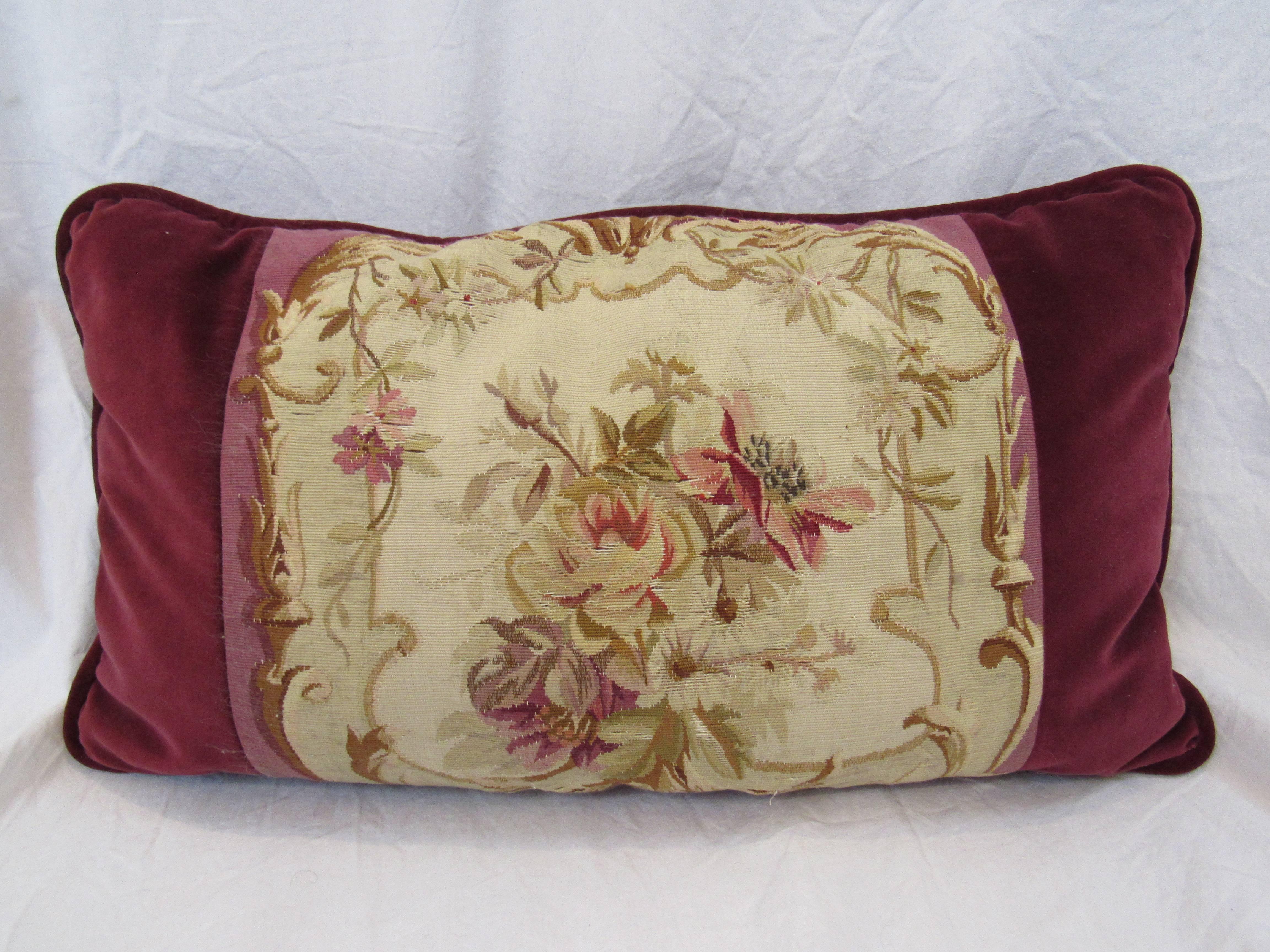 Two French Aubusson Tapestry and Burgundy Velvet Pillows 19th Century For Sale 2