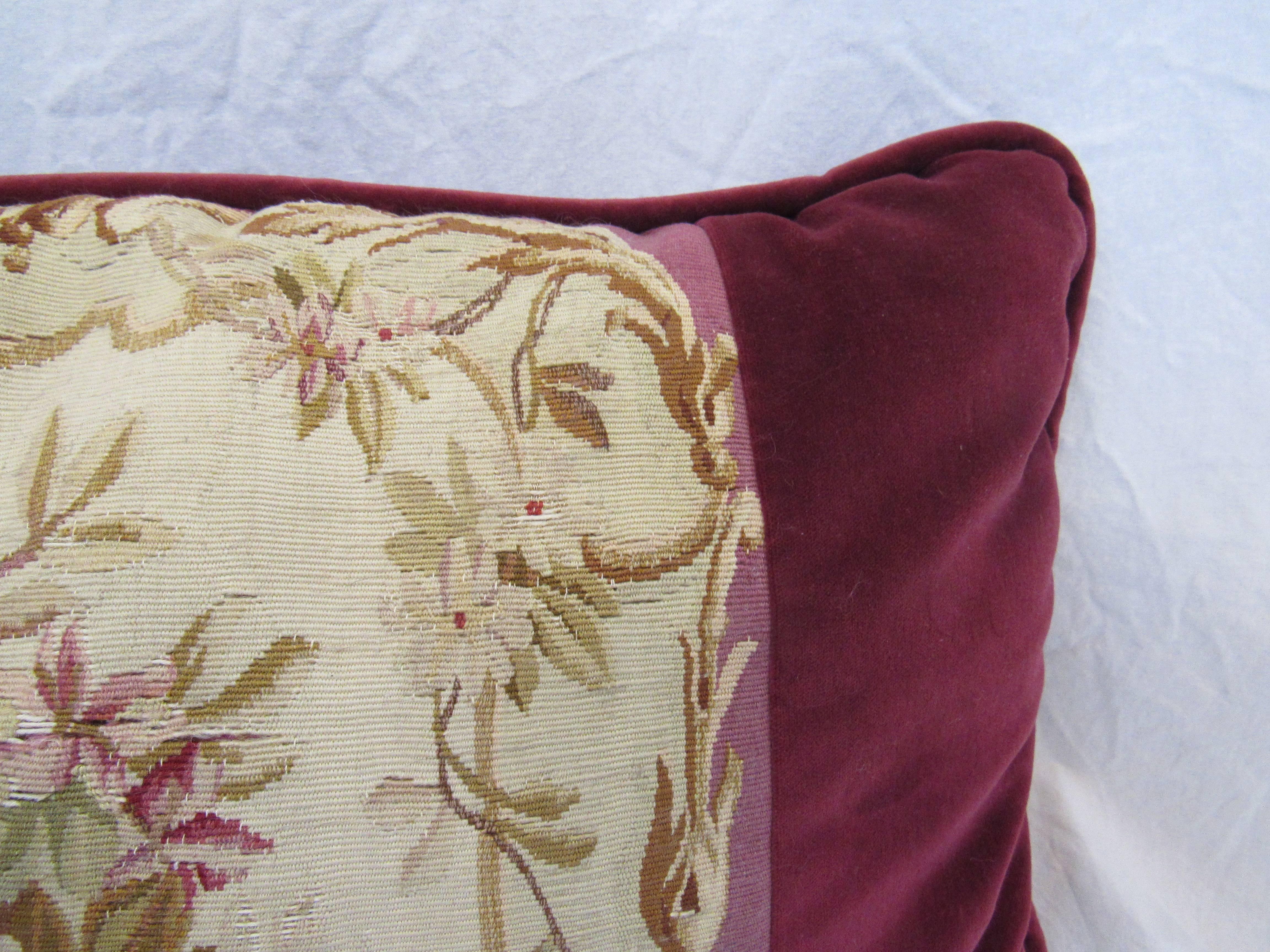 Two French Aubusson Tapestry and Burgundy Velvet Pillows 19th Century For Sale 3