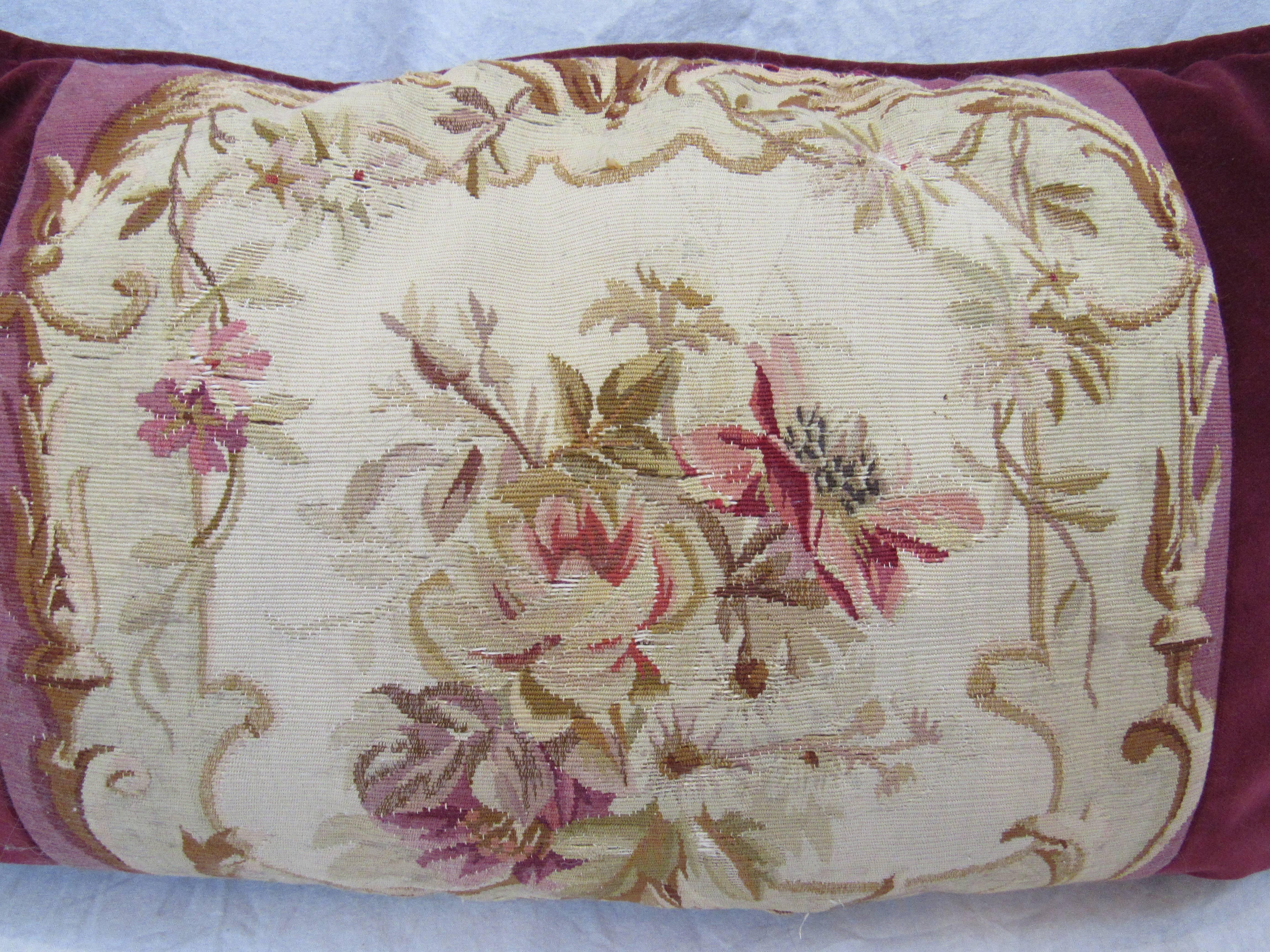 Two French Aubusson Tapestry and Burgundy Velvet Pillows 19th Century For Sale 4