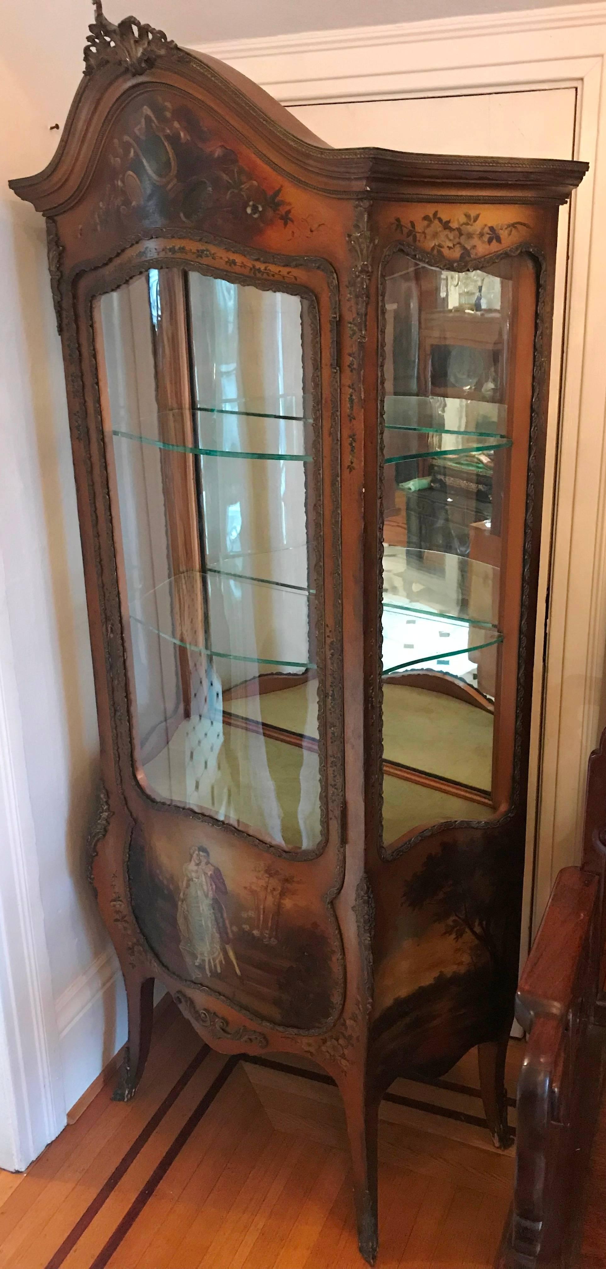 20th Century French Vitrine Cabinet, Painted Scene of Lovers, Ormolu, circa 1910 For Sale