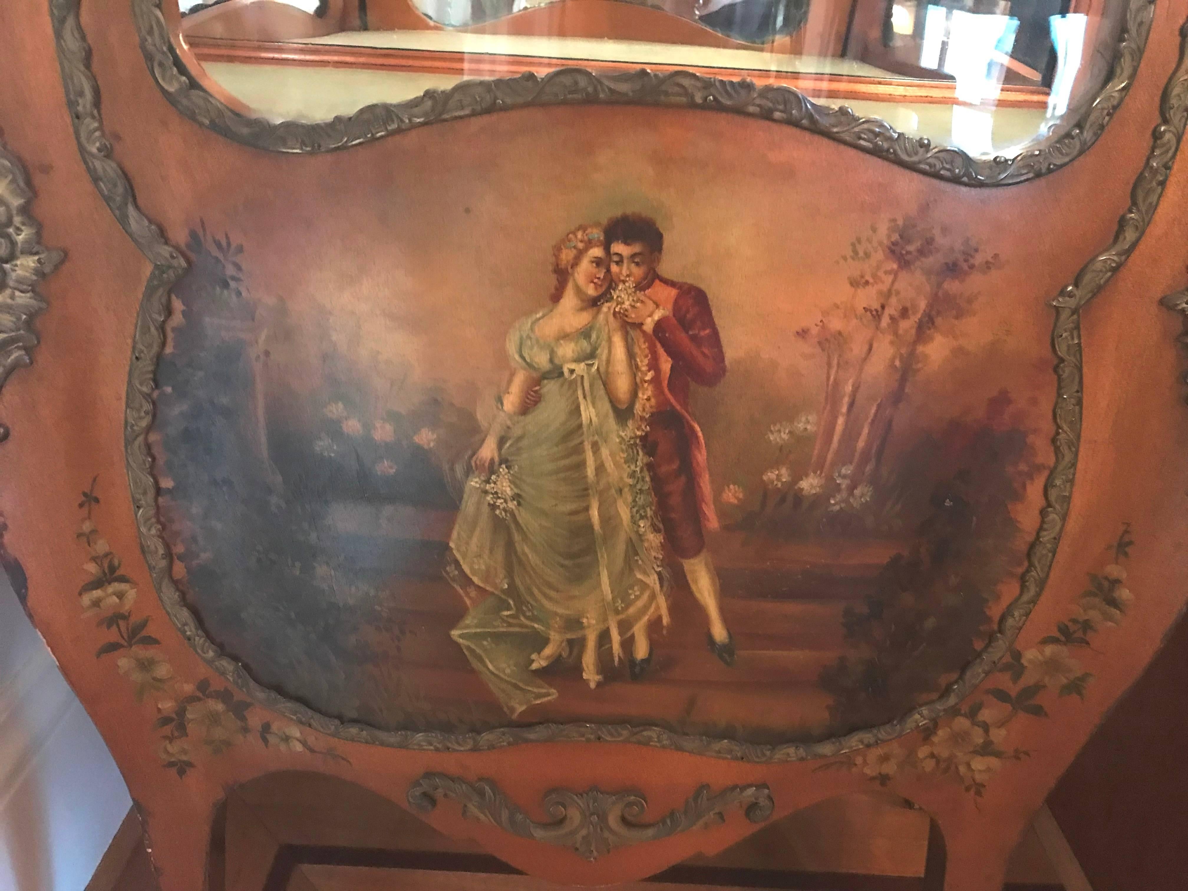 Belle Époque French Vitrine Cabinet, Painted Scene of Lovers, Ormolu, circa 1910 For Sale