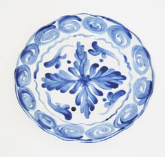 Handprinted Blue and White Mediterranean Dinner Plates, Set of Four