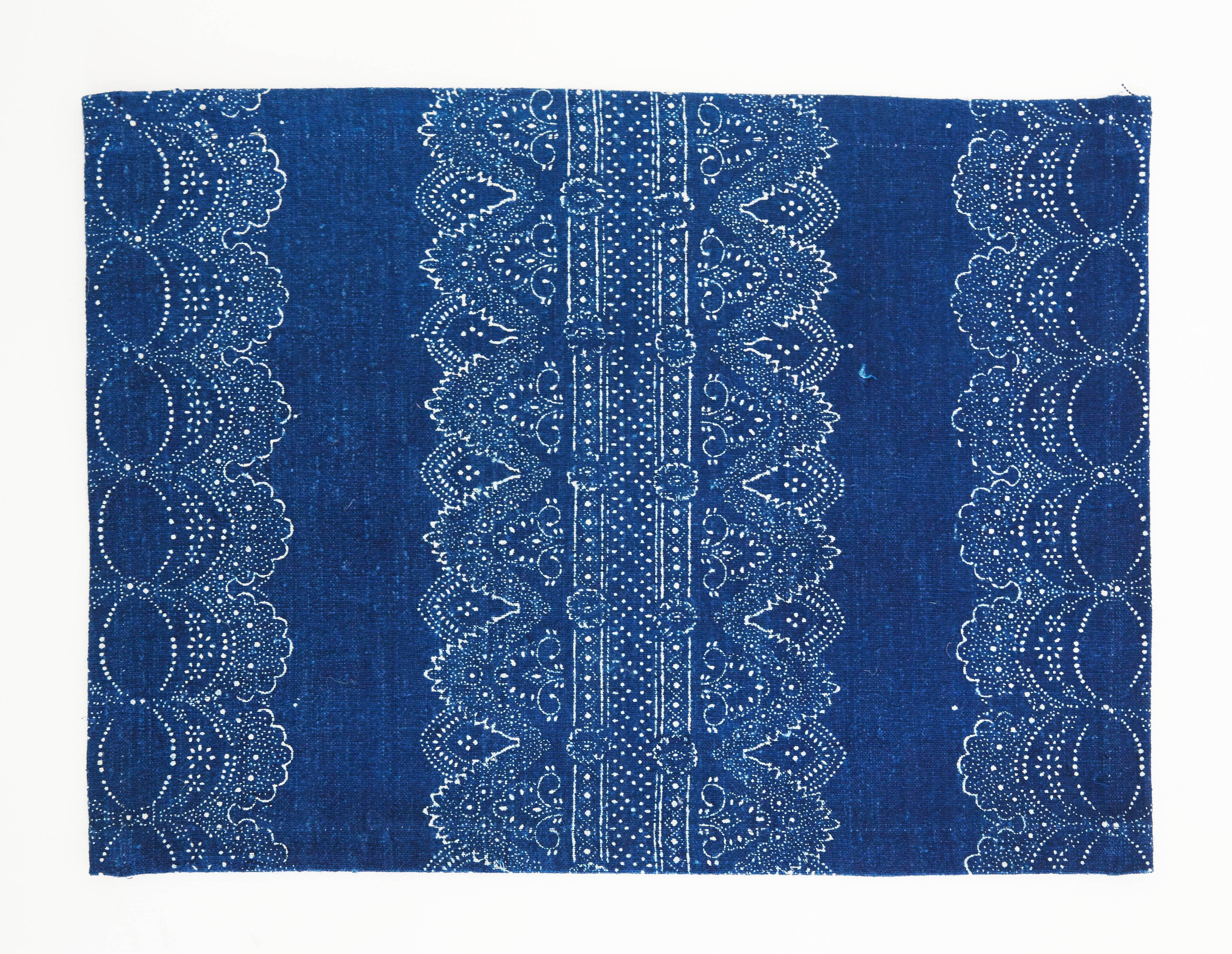 These placemats are hand dyed and hand printed using vintage linens and 250 year old printing blocks. They were indigo dyed by a master indigo dyer in Hungary following the original designs. These vintage placemats are reminiscent of beautiful