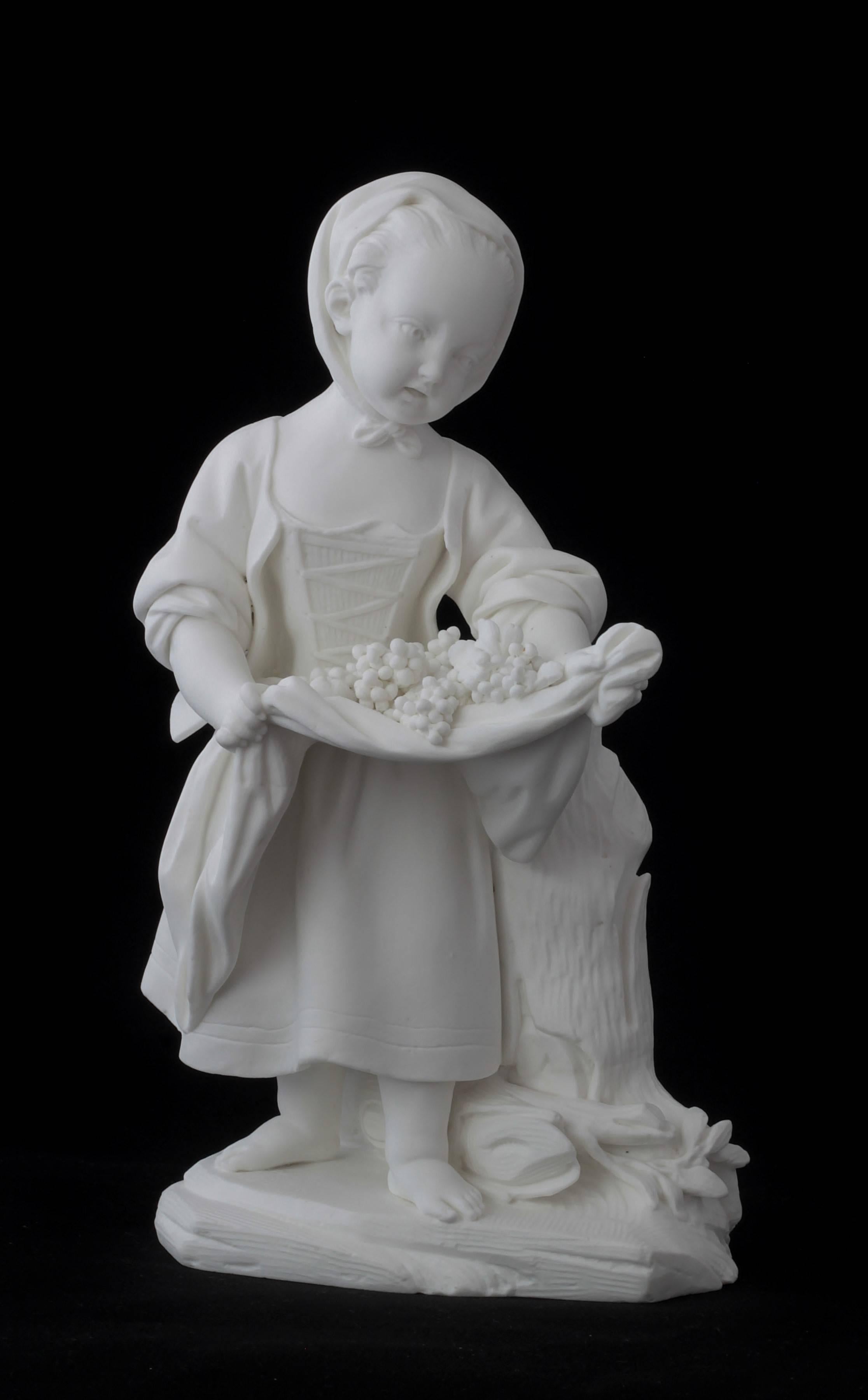 Soft porcelain figure representing « La petite fille au tablier » in Sèvres porcelain. Under the base, F incised for Falconnet, leader of models from 1757-1766. Model of 1752 by Blondeau after Boucher, 
circa 1757-1766, 18th century. 
Measures: H