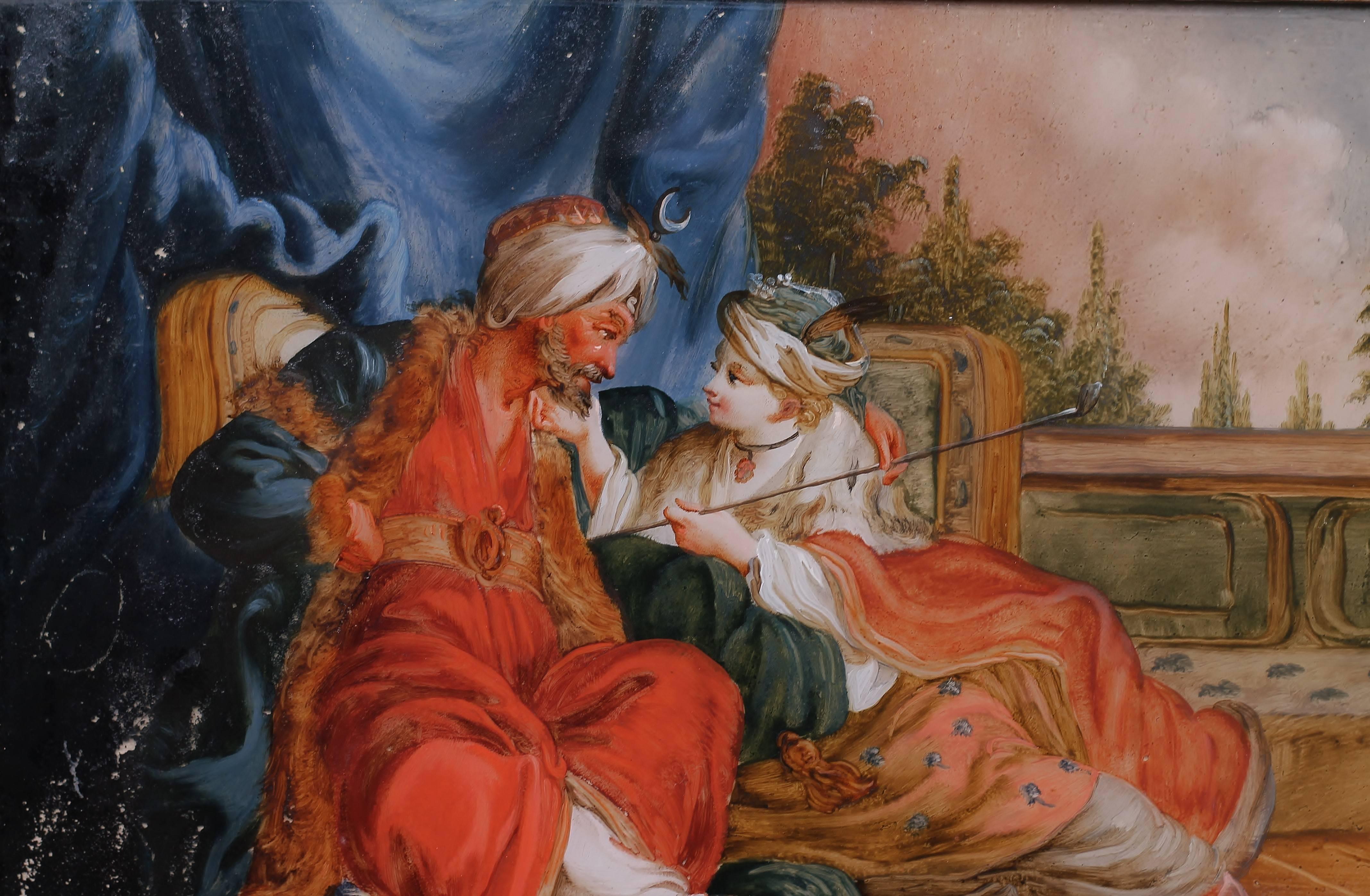Painting over glass representing « La favorite du Sultan » near François Boucher.
Middle of 18th century.
Dimension H. 23 x W. 30,3 cm without frame. 
D. 2 cm ; W. 35 cm ; H. 27.7 cm with the frame.
Frame in black wood of 18th century.
Visible