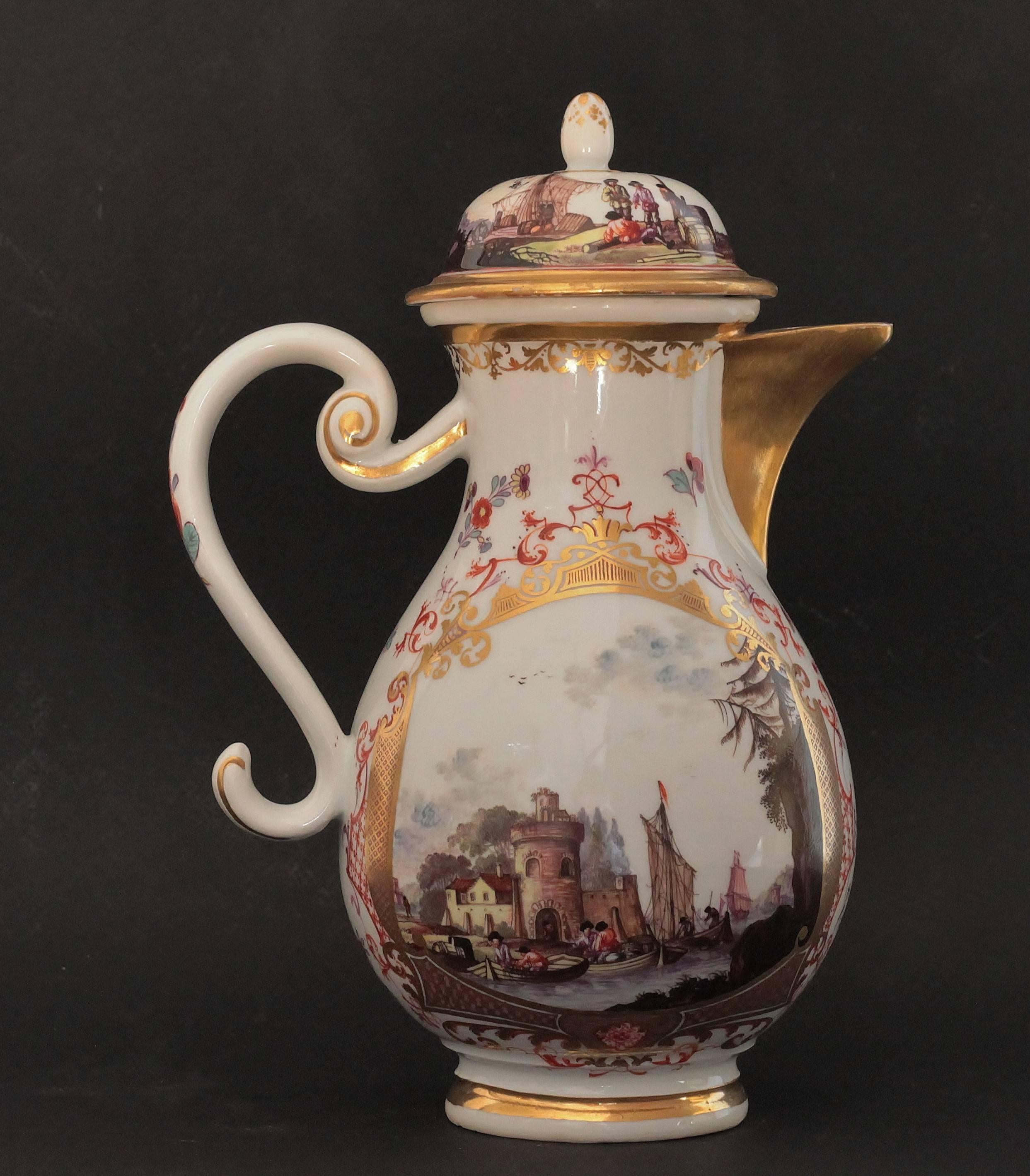 Meissen Porcelain jug with polychrome landscapes. Mark of gilder : 11 under the base.
Saxe, Allemagne, Meissen. 18th century, circa 1735.
Measures: Height 22.7 cm, diameter: 10.5 cm.
  