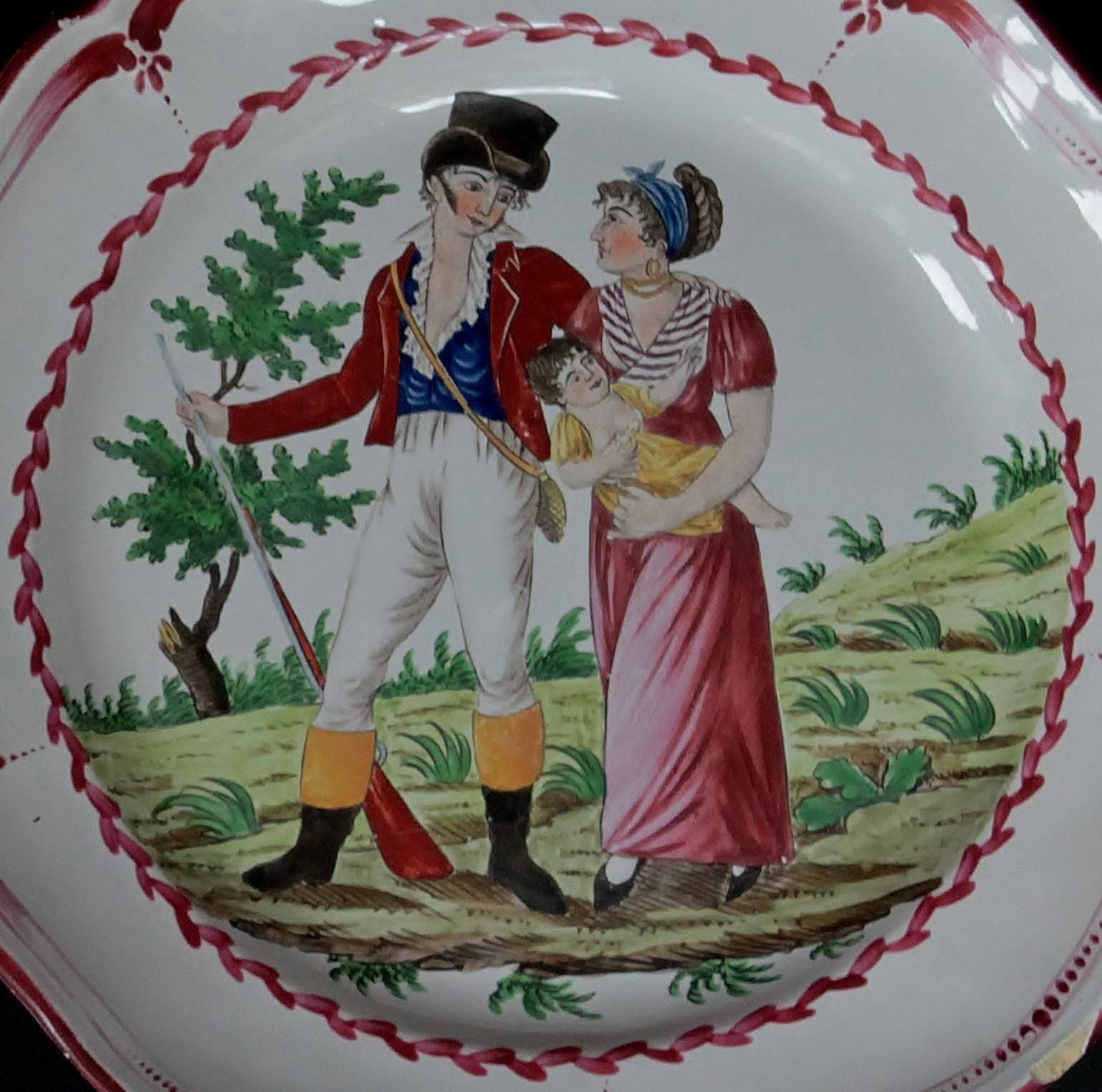 French Pair of Dishes with Two Lovers, East of France, circa 1830 For Sale
