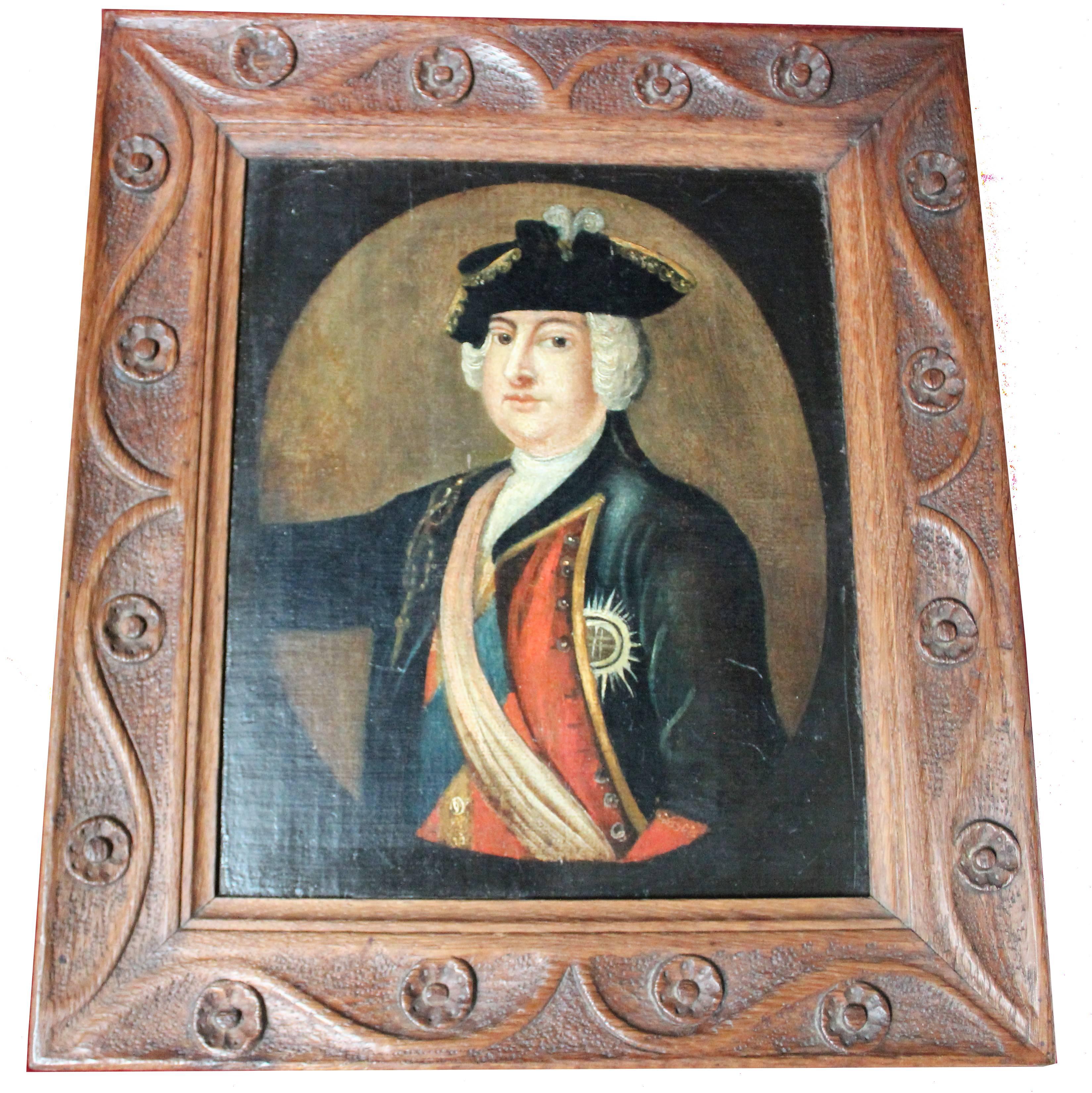 Rare Primitive oil on board portrait of Prince William, Duke of Cumberland, Prince William Augustus (1721-1765) was the third and youngest child of King George II of Great Britain and Caroline of Ansbach. 
He gained his title in 1726 and is best
