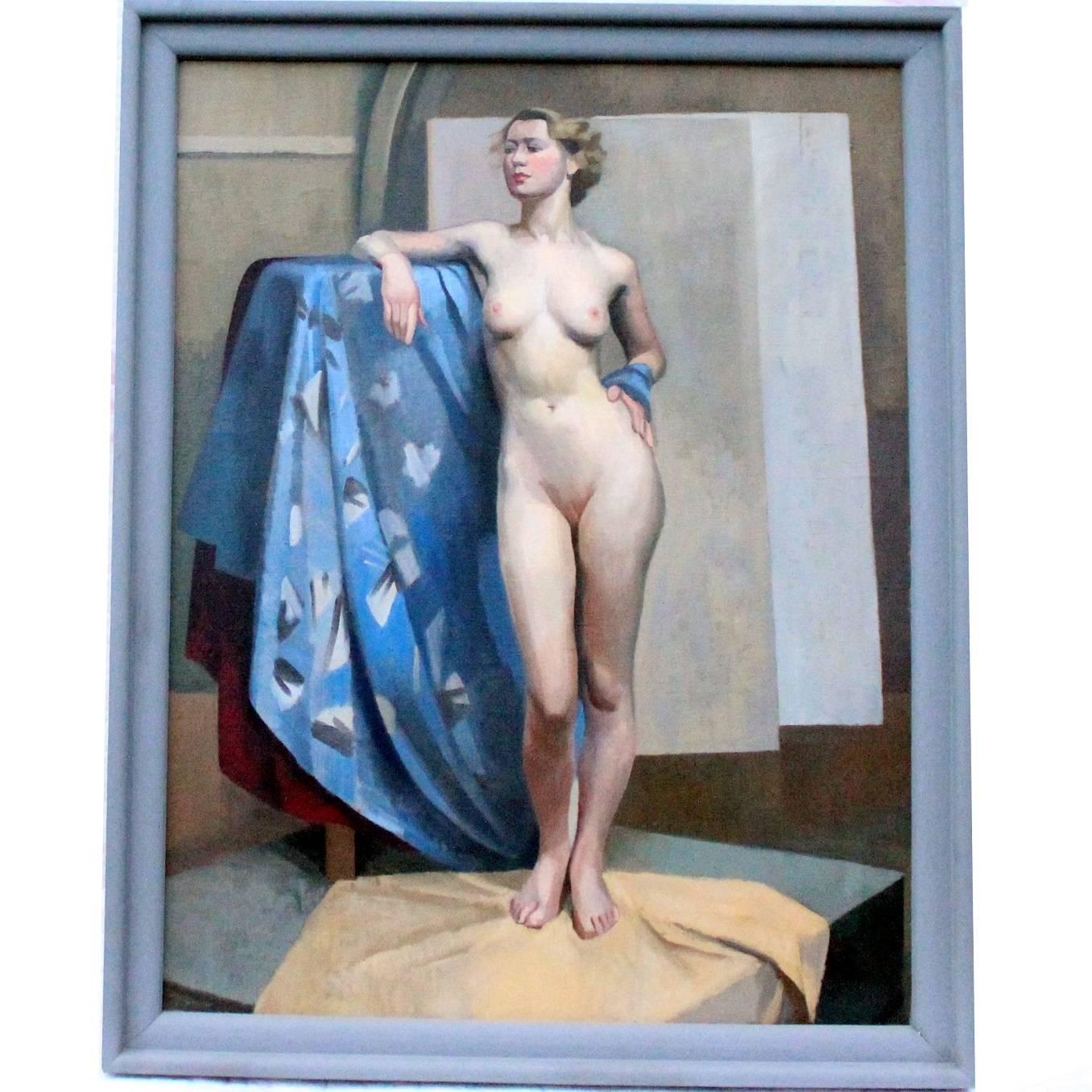 Phoebe Peto Willetts British 1917-1978 oil on canvas, standing female nude, painted in the 1930s, artist frame, Art Deco movement, this is a one off painting that has not been exhibited in a gallery.

Size 
with frame 102 X 80. 
Picture 91 X