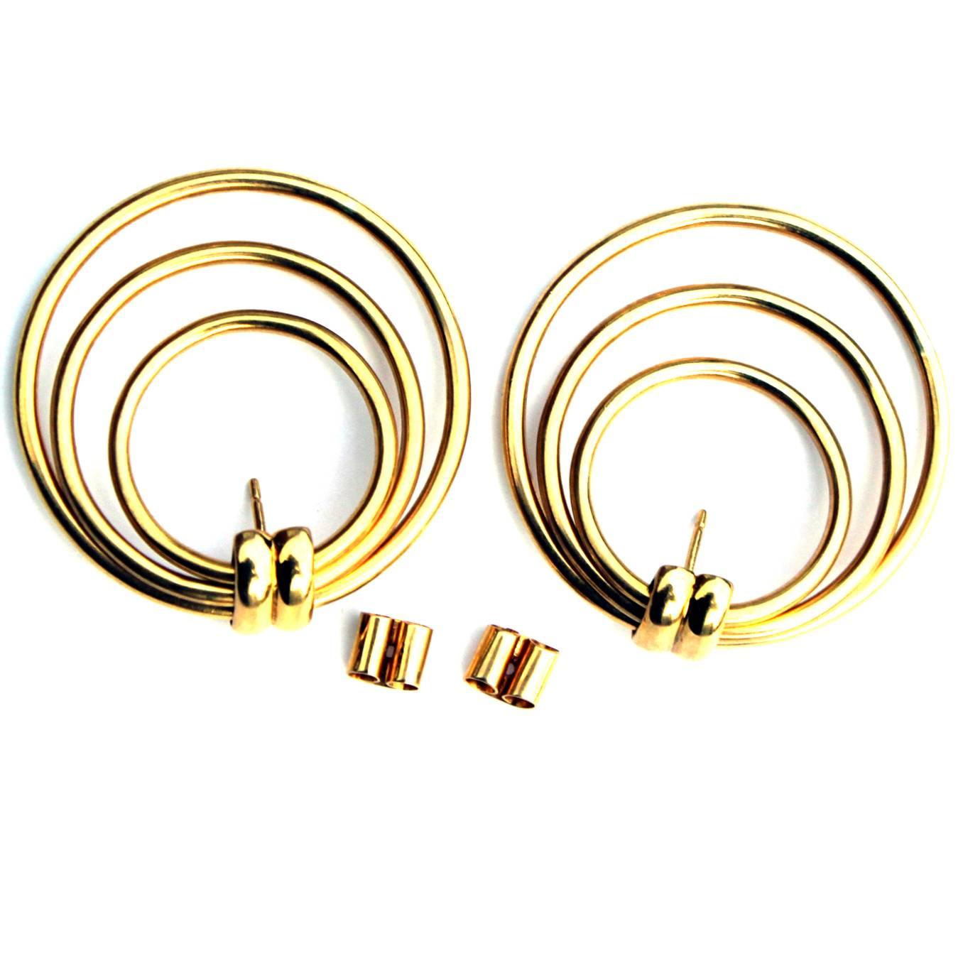 Hand-Crafted 18-Carat Yellow Gold Triple Loop Earrings For Sale