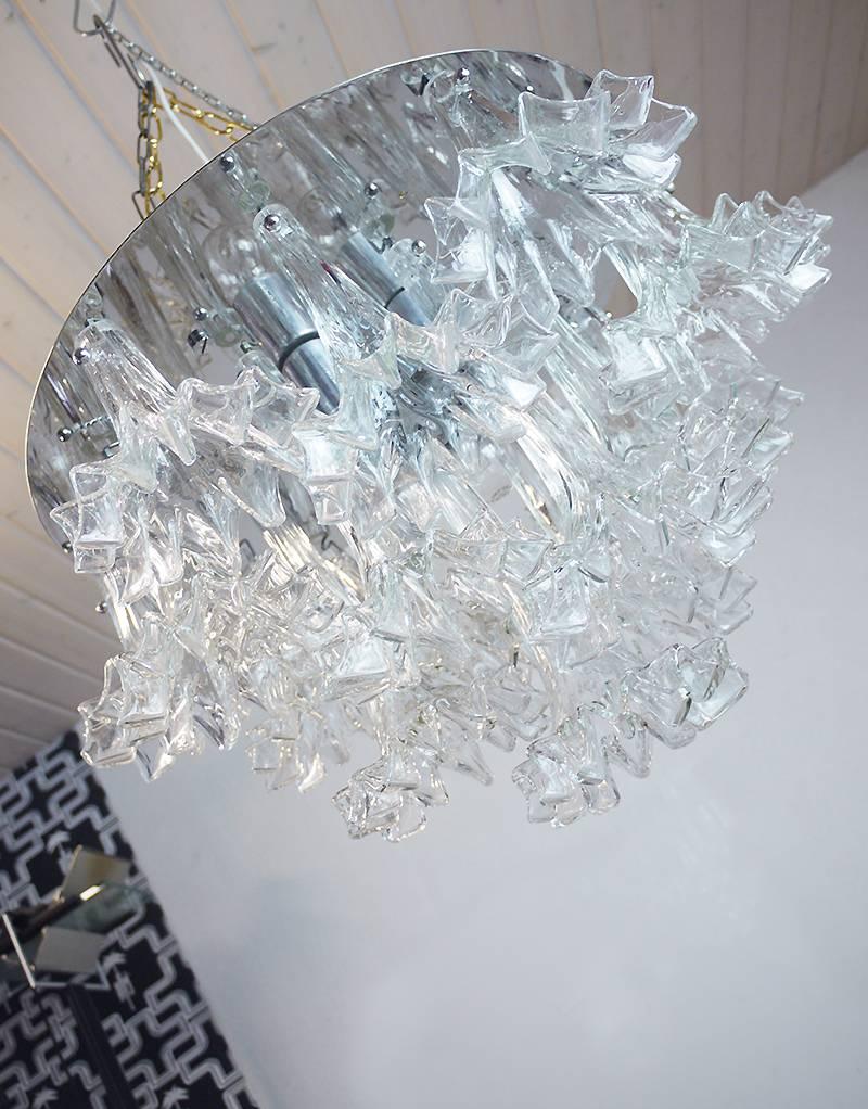 Italian Large Barovier & Toso Style Floral Flush Mount Chrome and Glass Chandelier, 1960
