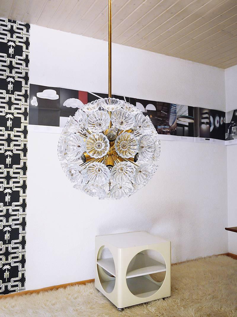 Mid-Century Modern 1960 Germany VEB Sputnik 'Dandelion' Chandelier Glass Flowers & Brass For Sale