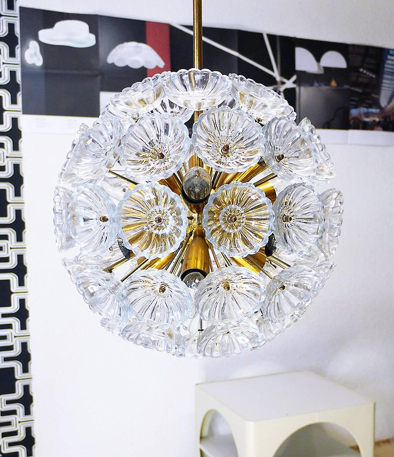 1960 Germany VEB Sputnik 'Dandelion' Chandelier Glass Flowers & Brass For Sale 1