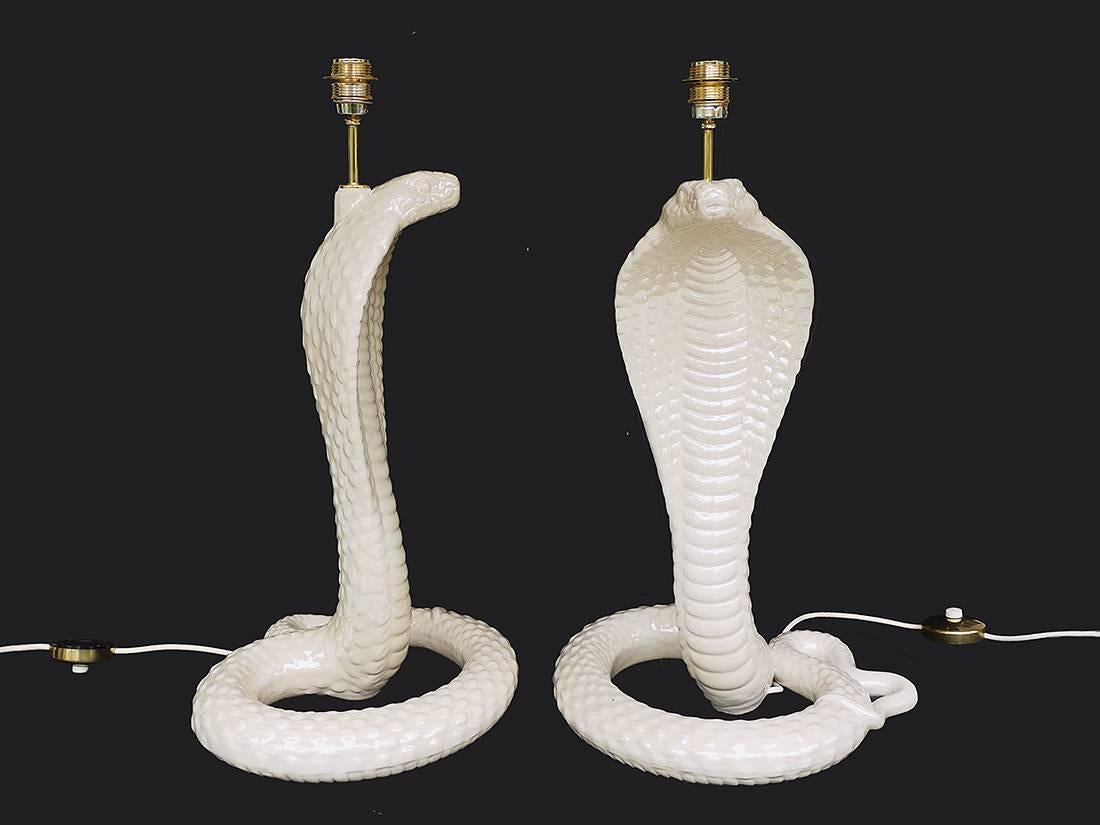 Italian Pair of Tommaso Barbi Ceramic Cobra Large Table Lamps, 1970s, Italy