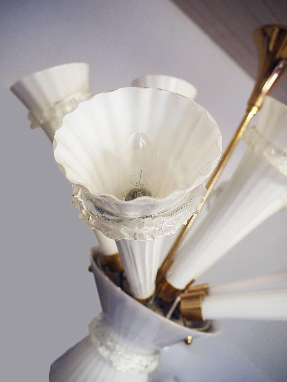 Mid-20th Century 1960, Italy, Venetian Trumpet Chandelier Opaline Murano Glass & Brass For Sale