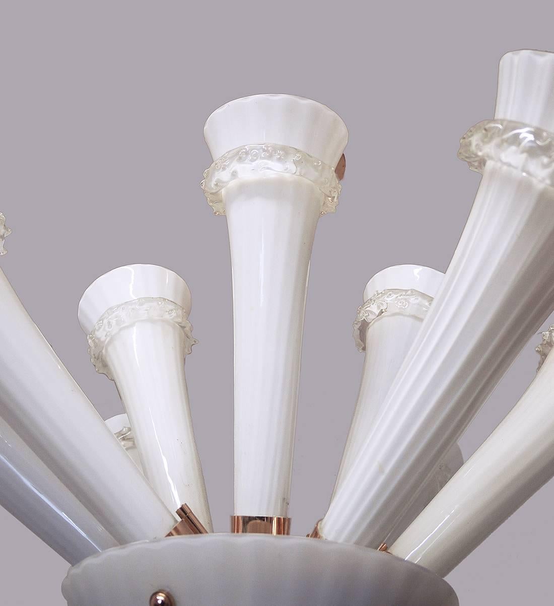 Mid-20th Century Venini Trumpet Chandelier Opaline Murano Glass & Brass, Italy 1960 For Sale