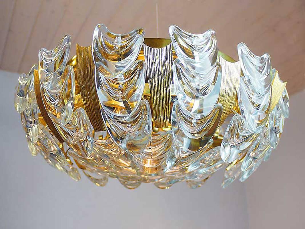 Hollywood Regency Large Palwa Gilt Brass / Crystal Flush Mount Ceiling Light Chandelier, 1960s