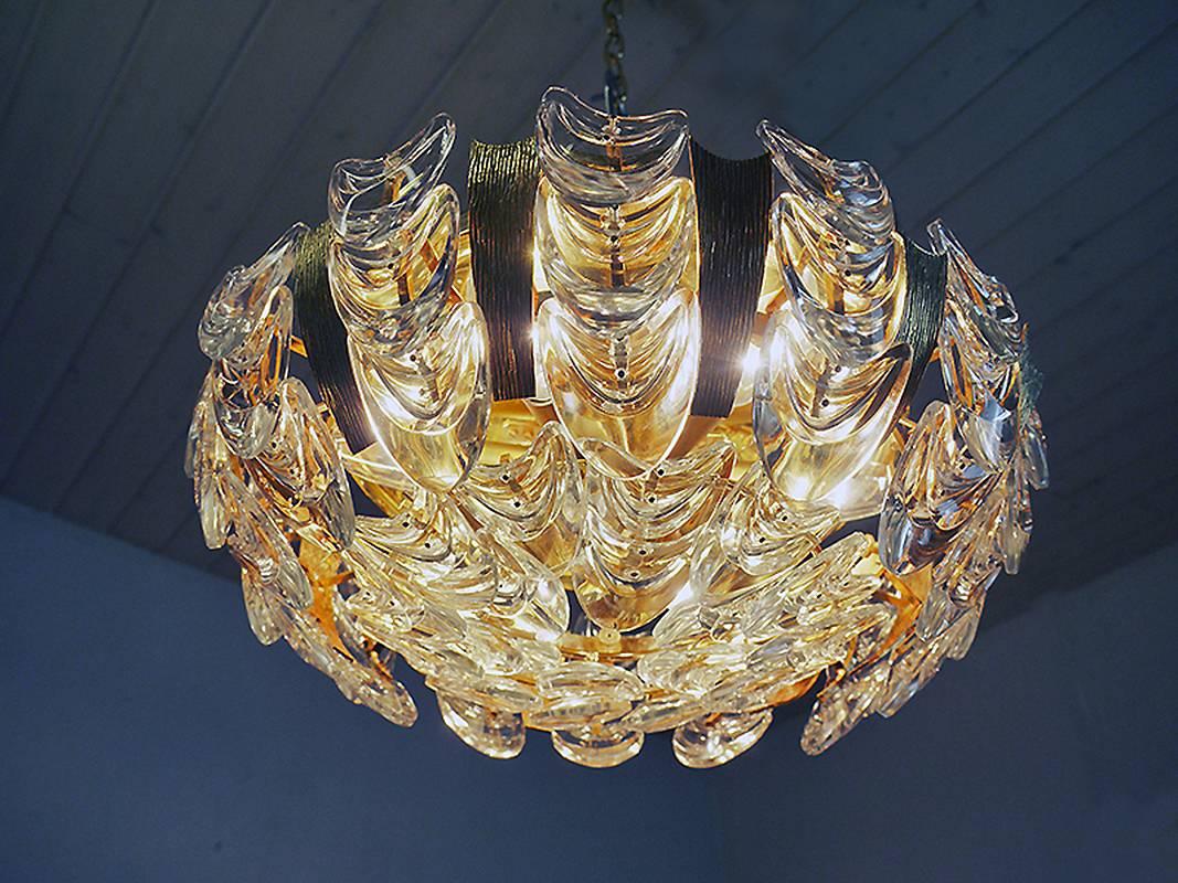 Large Palwa Gilt Brass / Crystal Flush Mount Ceiling Light Chandelier, 1960s In Excellent Condition In Niederdorfelden, Hessen