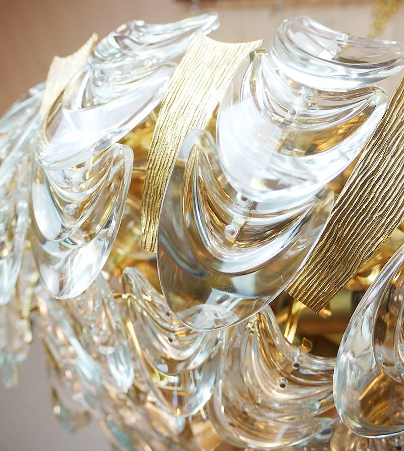 German Large Palwa Gilt Brass / Crystal Flush Mount Ceiling Light Chandelier, 1960s