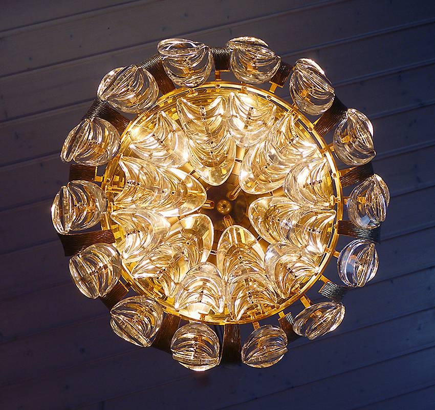 Mid-20th Century Large Palwa Gilt Brass / Crystal Flush Mount Ceiling Light Chandelier, 1960s