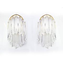 Pair of Novaresi Wall Sconces Crystals & Gilt Brass, Italy 1970s